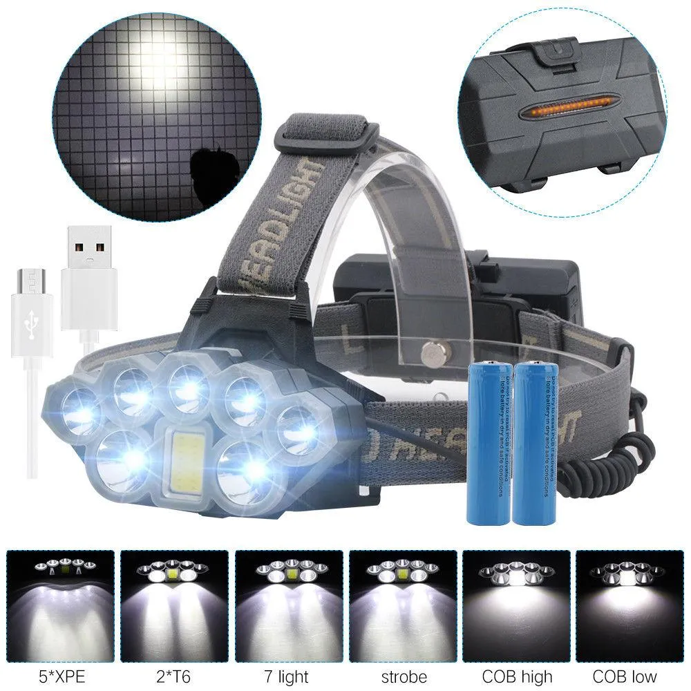 100000LM 2T6 5XPE 1COB 8LED Headlamp Rechargeable Flashlight USB Headlight 2*18650 6 modes waterproof Ultra Bright Headlamp