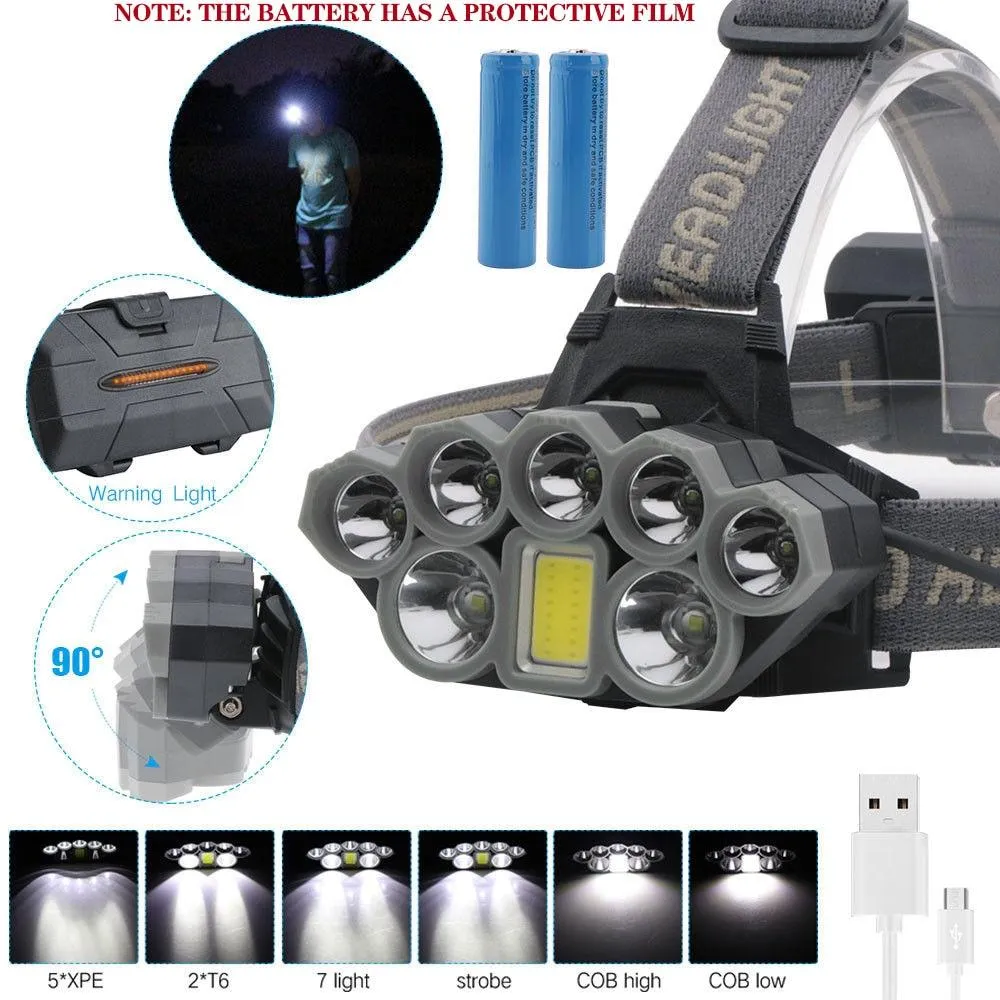 100000LM 2T6 5XPE 1COB 8LED Headlamp Rechargeable Flashlight USB Headlight 2*18650 6 modes waterproof Ultra Bright Headlamp