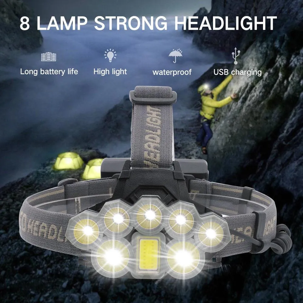 100000LM 2T6 5XPE 1COB 8LED Headlamp Rechargeable Flashlight USB Headlight 2*18650 6 modes waterproof Ultra Bright Headlamp