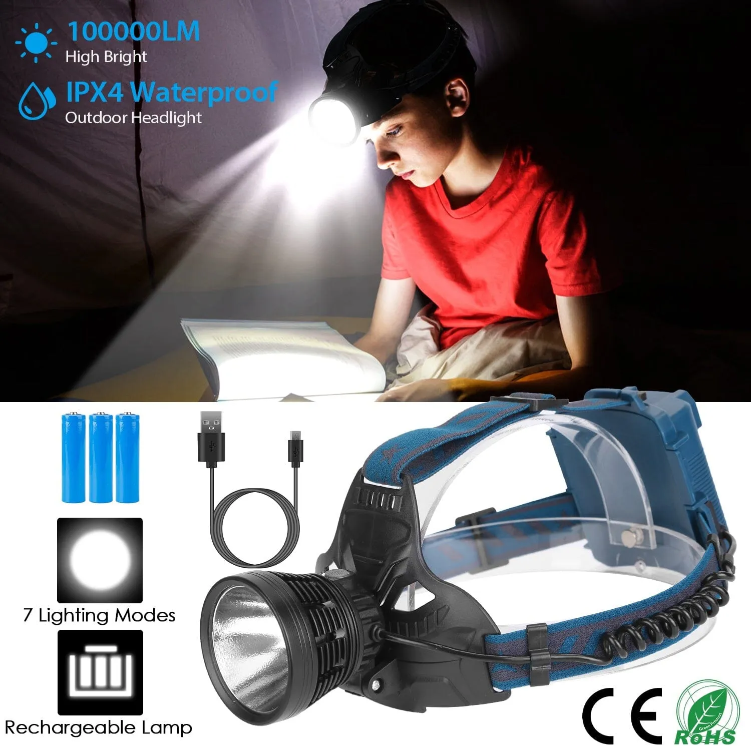 100000LM LED 7 Lighting  Modes Rechargeable Headlights