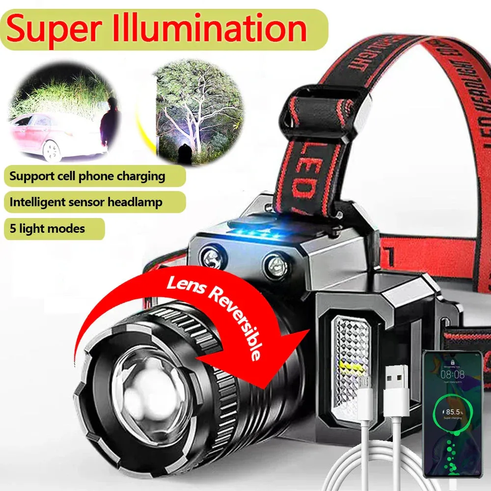 100000LM Power Bank 3 Light Source Sensor Zoom LED Headlight Super Bright Super Long-Range Rechargeable Phone Power Bank