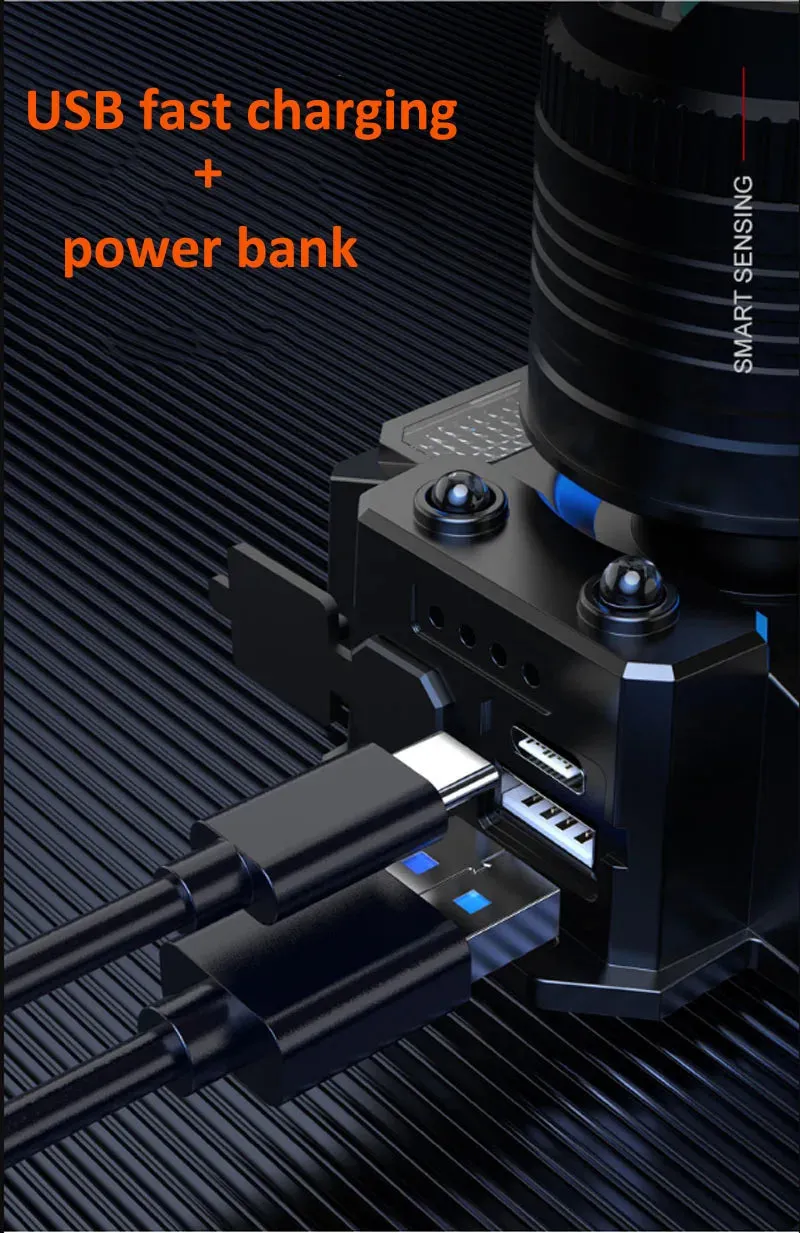 100000LM Power Bank 3 Light Source Sensor Zoom LED Headlight Super Bright Super Long-Range Rechargeable Phone Power Bank