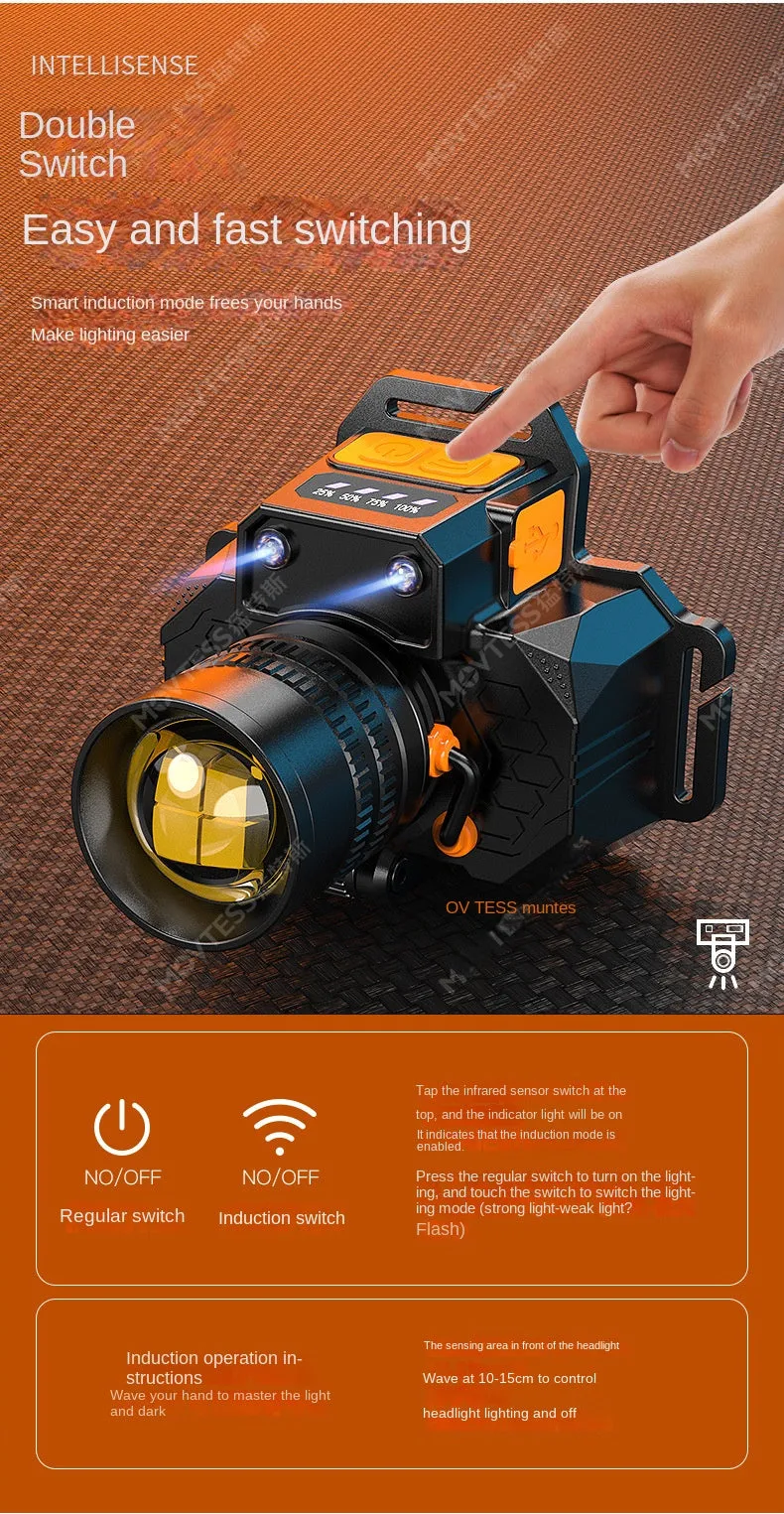 100000lm Power Bank L9 White Laser Sensor Zoomable LED Headlight Super Bright  Super Long-Range Rechargeable Phone Power Bank