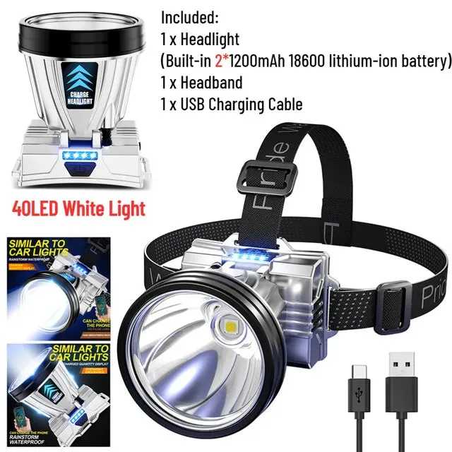 100000lumens 40-Core White Laser Light LED Headlamp with 2Pcs Lithium Battery Lighting Cell Phone Charging 2-in-1 Headlamp
