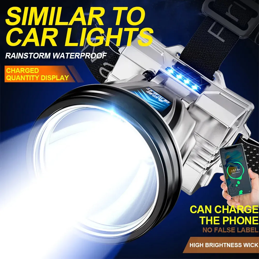 100000lumens 40-Core White Laser Light LED Headlamp with 2Pcs Lithium Battery Lighting Cell Phone Charging 2-in-1 Headlamp