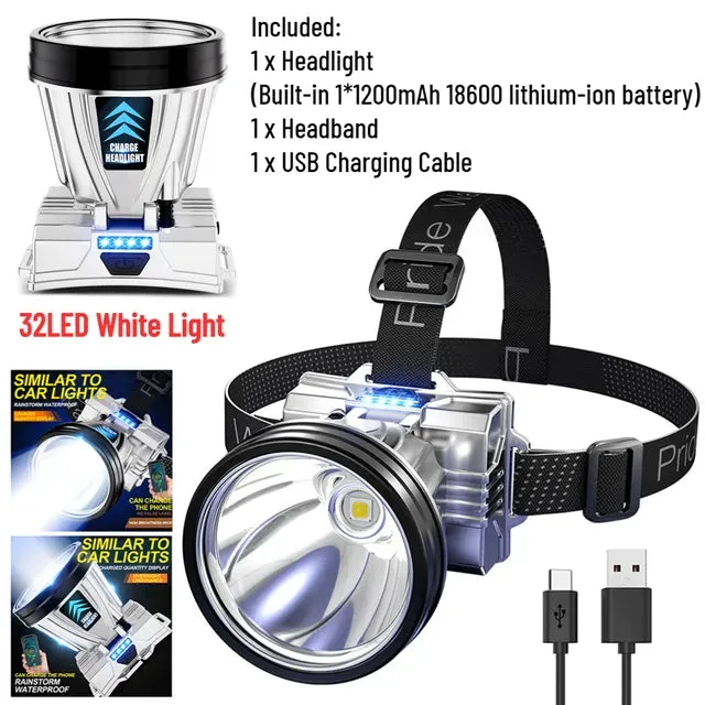 100000lumens 40-Core White Laser Light LED Headlamp with 2Pcs Lithium Battery Lighting Cell Phone Charging 2-in-1 Headlamp