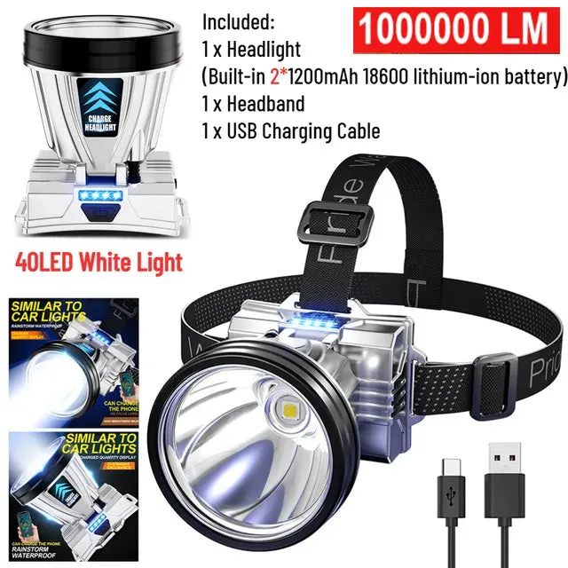 100000lumens 40-Core White Laser Light LED Headlamp with 2Pcs Lithium Battery Lighting Cell Phone Charging 2-in-1 Headlamp