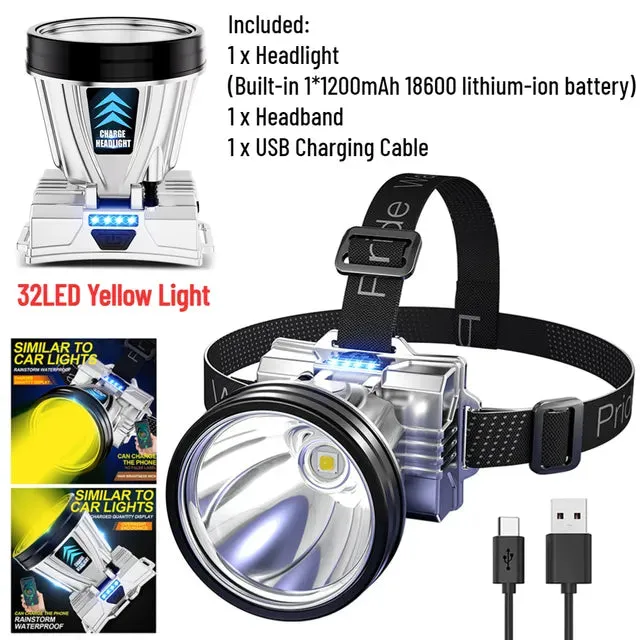 100000lumens 40-Core White Laser Light LED Headlamp with 2Pcs Lithium Battery Lighting Cell Phone Charging 2-in-1 Headlamp