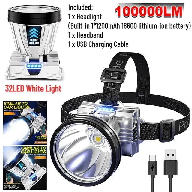 100000lumens 40-Core White Laser Light LED Headlamp with 2Pcs Lithium Battery Lighting Cell Phone Charging 2-in-1 Headlamp