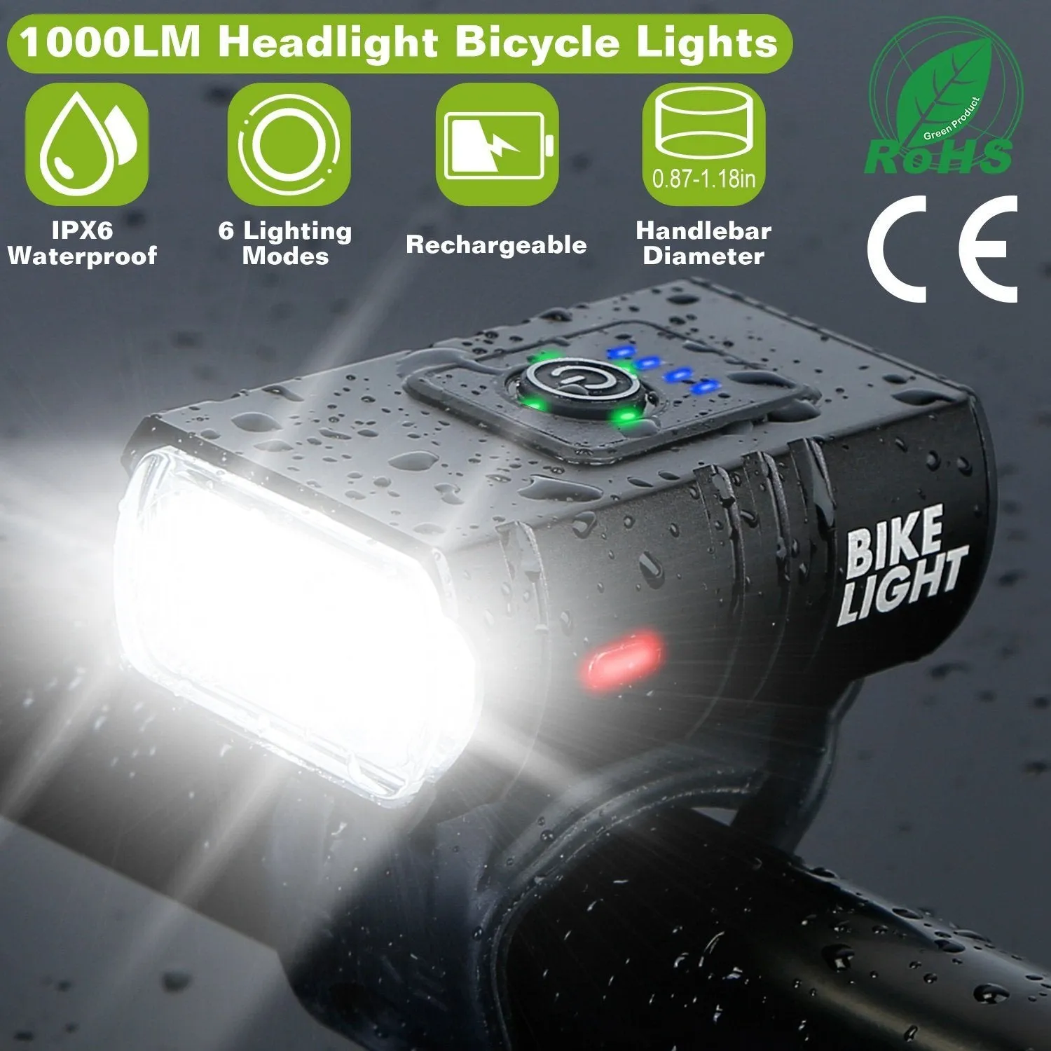 1000LM Bike Front Light Rechargeable Handlebar Head Light with 6 Lighting Modes