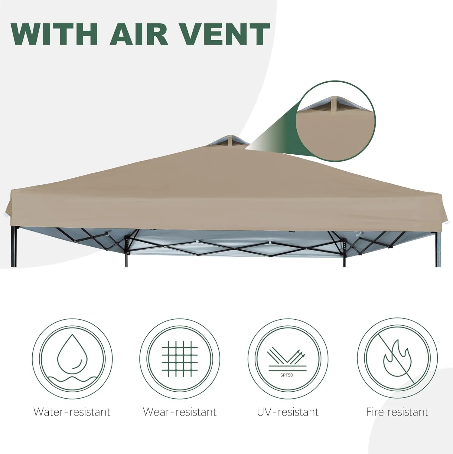 10x10 Canopy Replacement Top with Air Vent Silver Coated for Straight Leg Canopy Frame, (Khaki)