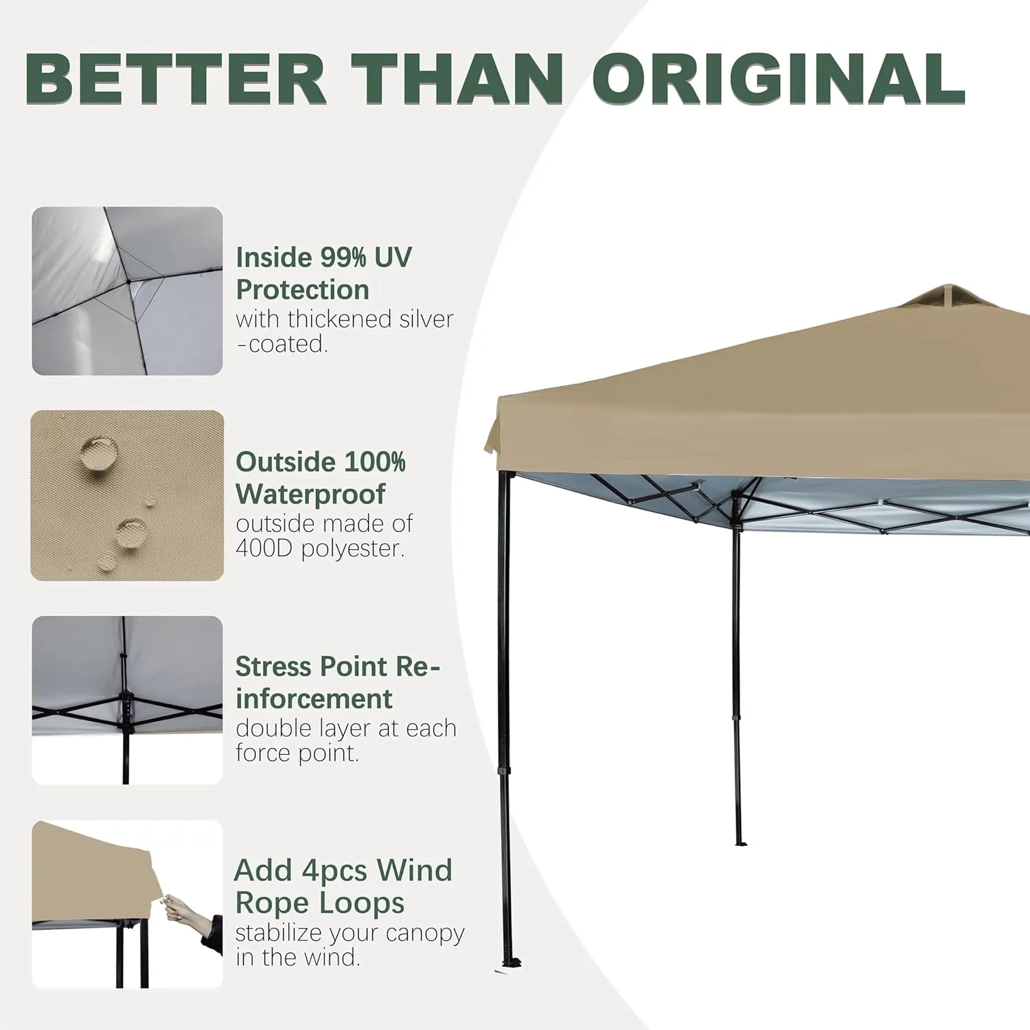 10x10 Canopy Replacement Top with Air Vent Silver Coated for Straight Leg Canopy Frame, (Khaki)