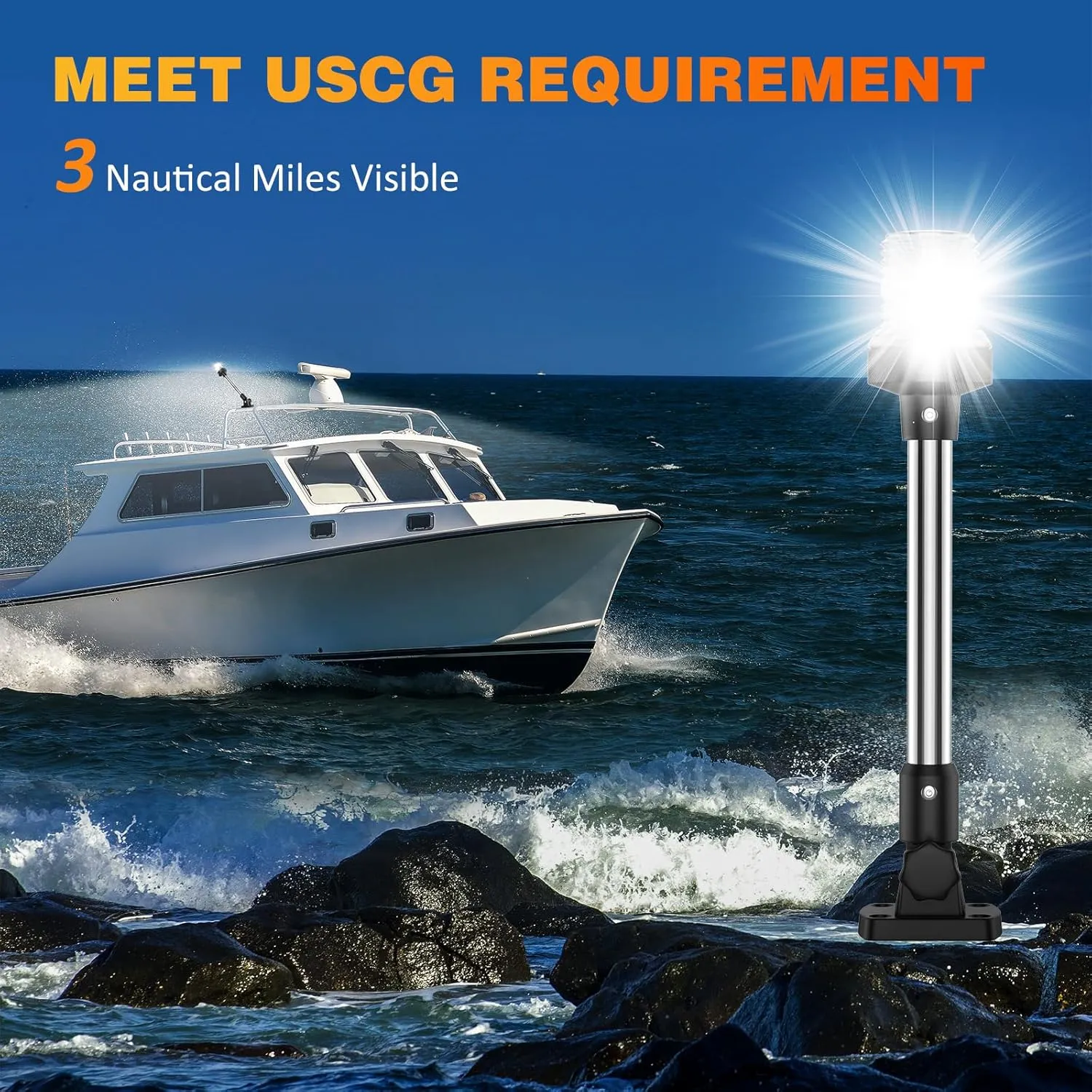12 Inches Anchor Light Stern Lights for Boats LED Waterproof IP67, White Fold Down Rear Boat Navigation Lights, 3NM Visible Boat Running Light LED Marine for Pontoon, Small Boats (12-24V)