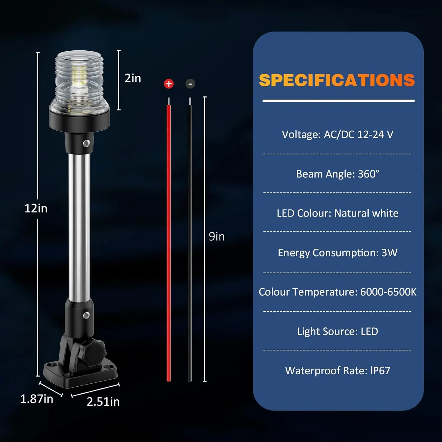 12 Inches Anchor Light Stern Lights for Boats LED Waterproof IP67, White Fold Down Rear Boat Navigation Lights, 3NM Visible Boat Running Light LED Marine for Pontoon, Small Boats (12-24V)