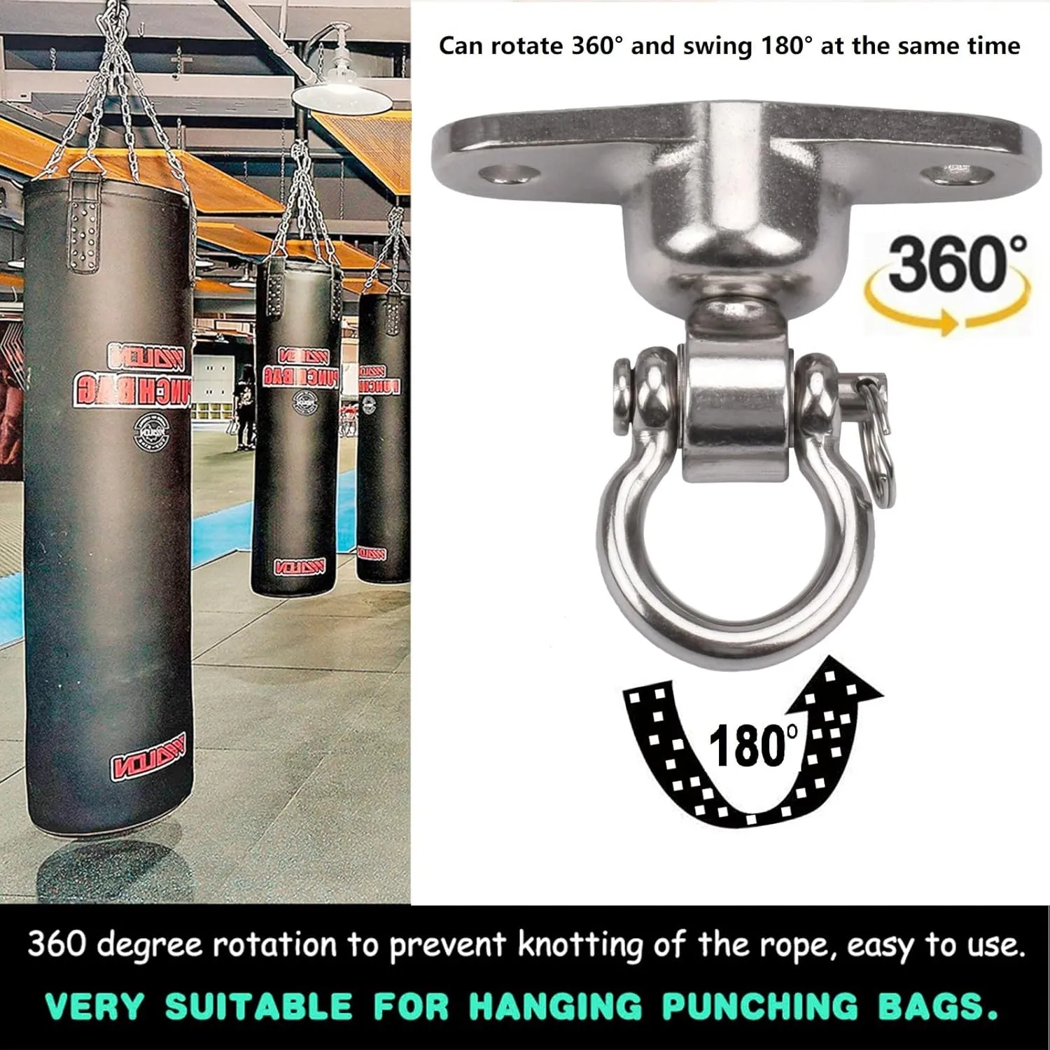 2 Antirust Swing Hanger Heavy Duty 360° 180°Rotation 1500LB Capacity Wood Playground Yoga Hammock Chair, Rope sandbag