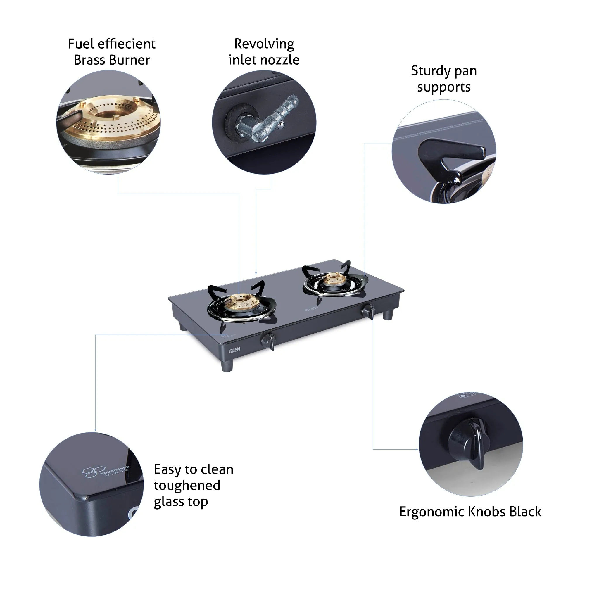 2 Burner PNG Glass Gas Stove with High Flame Brass Burner Black (1021 GT HF BB BL PN)