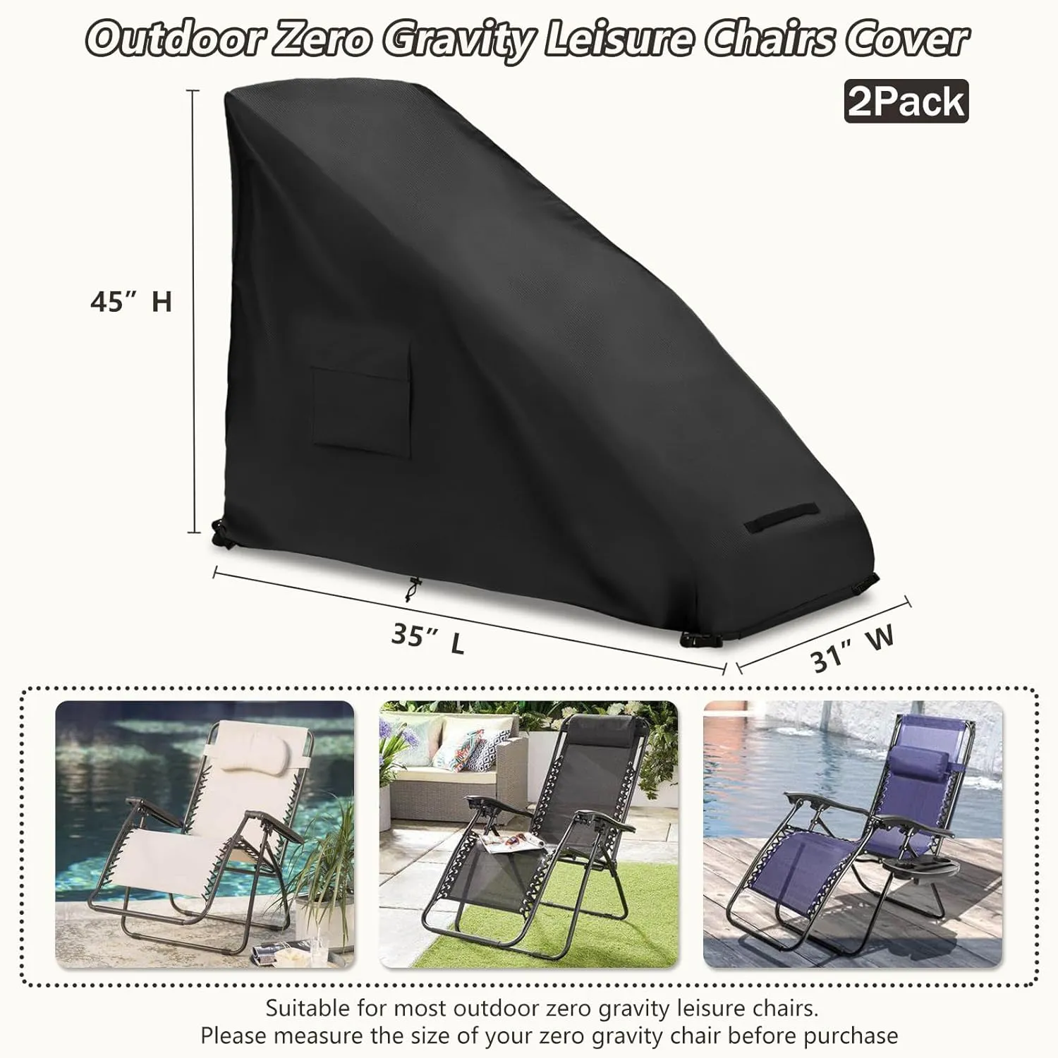 2 Pack Zero Gravity Chair Cover,Outdoor Heavy Duty 600D Waterproof Zero Gravity Lounge Chair Cover,Patio Folding Zero Gravity Recliner Cover.Black,35" L x 26" W x 45" H.