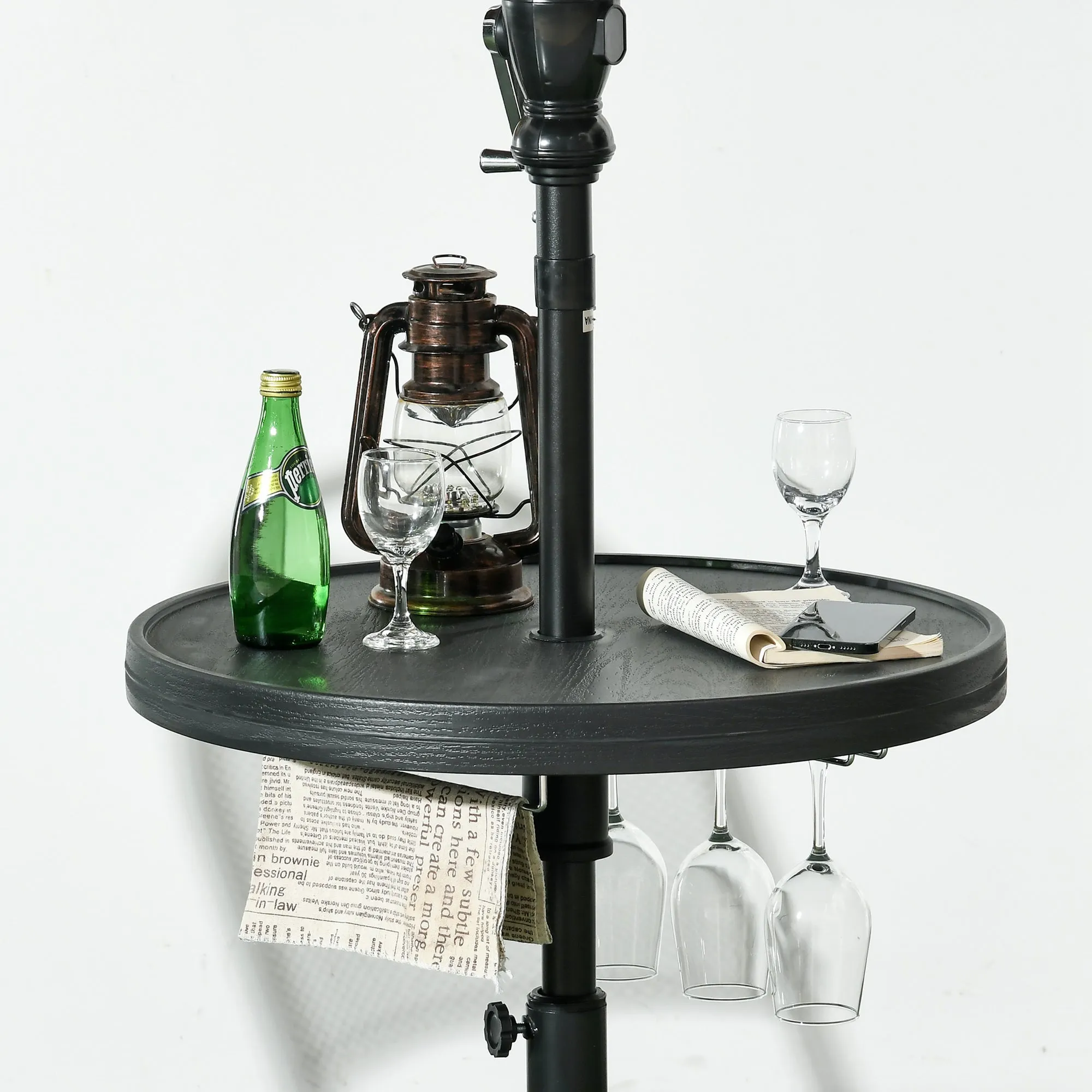 23.5" Beach Umbrella Table Tray with Wine Glass Holder, Foldable Towel Rack, Instant Portable Beach Tables for Sand, Swimming Pools, Patio, Garden, Deck, Black
