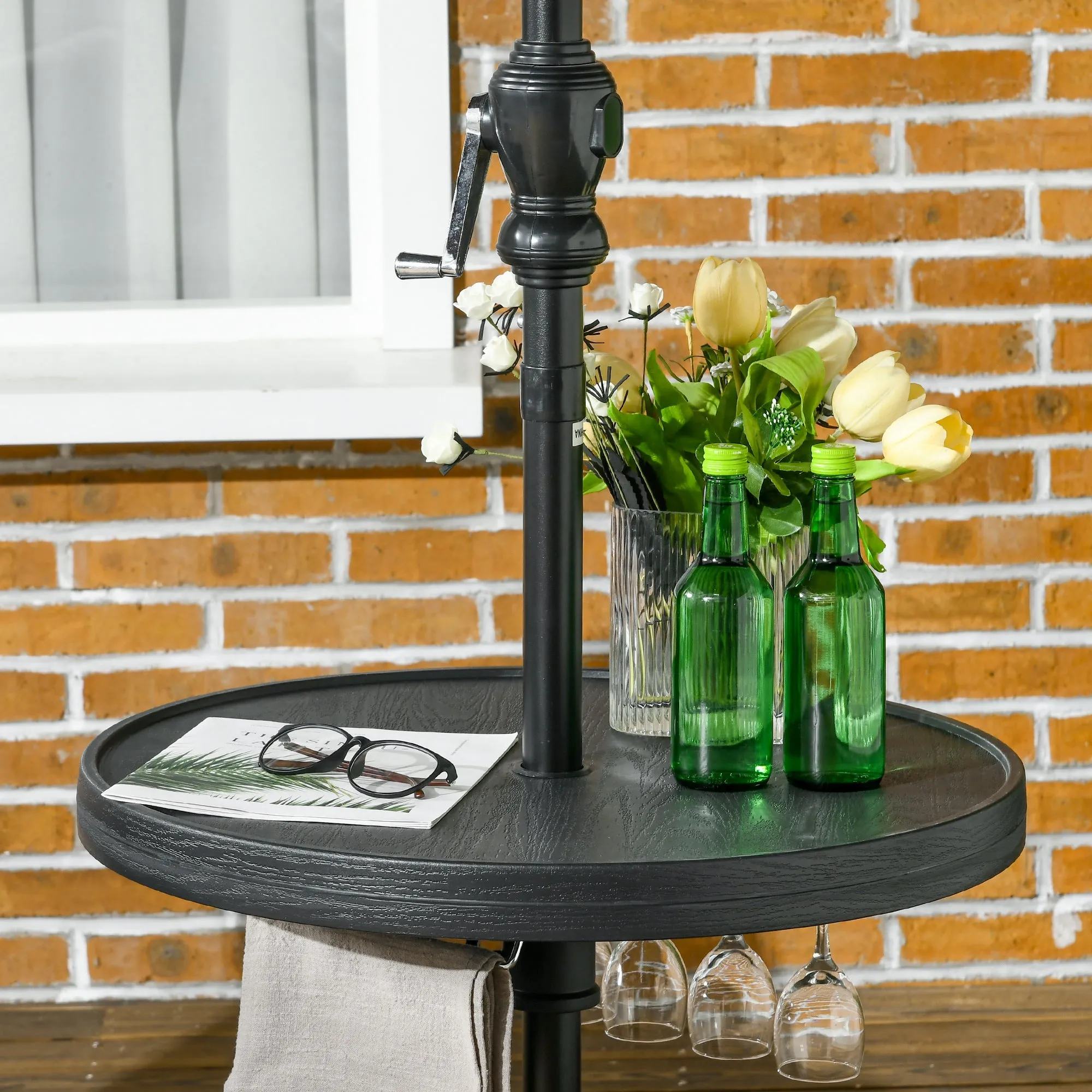 23.5" Beach Umbrella Table Tray with Wine Glass Holder, Foldable Towel Rack, Instant Portable Beach Tables for Sand, Swimming Pools, Patio, Garden, Deck, Black