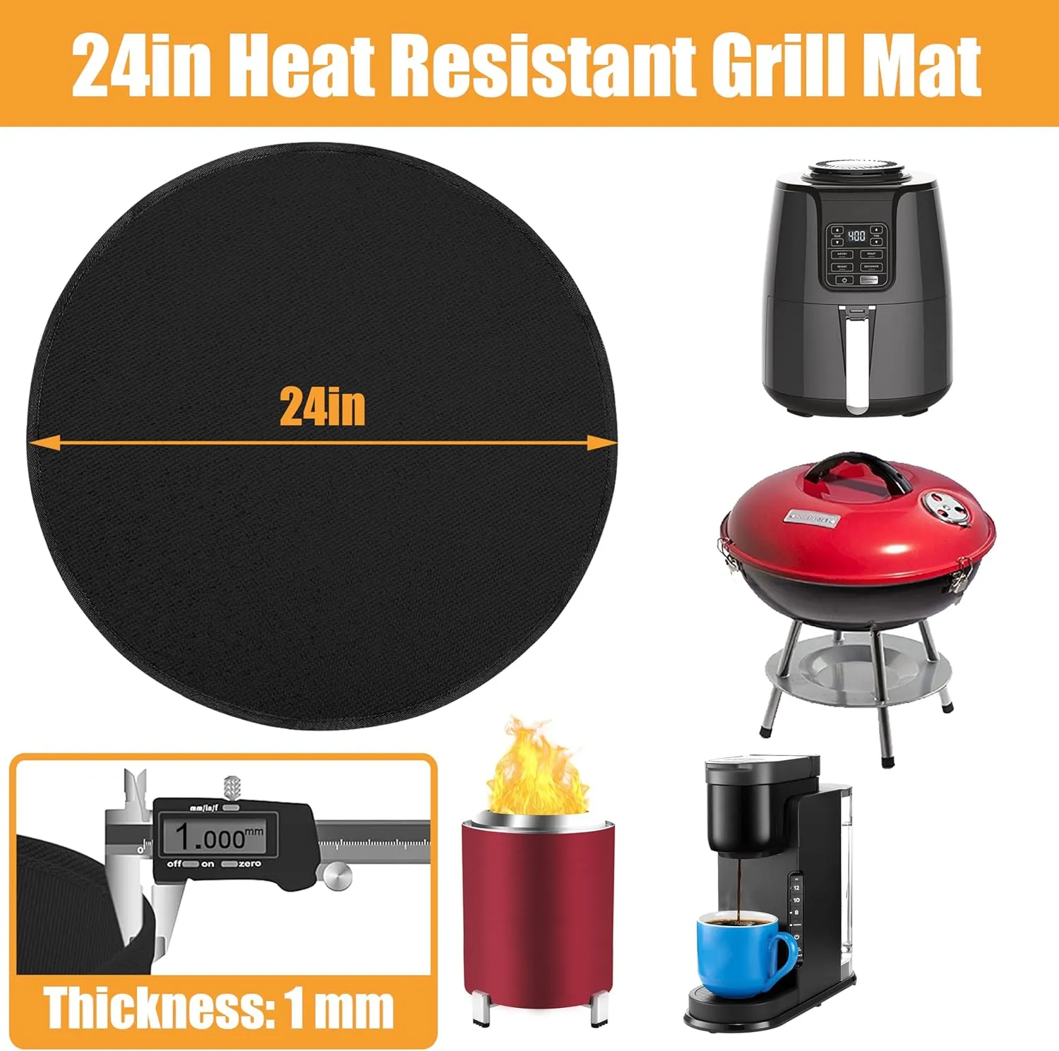 23.8 in Heat Resistant Grill Mat for Outdoor Tabletop Grill to Protect Your Prep Grill Table, Circle Heat Resistant Mats for Countertop, Fireproof & Water Proof & Oil Proof Tabletop Fire Pit Mat-Black