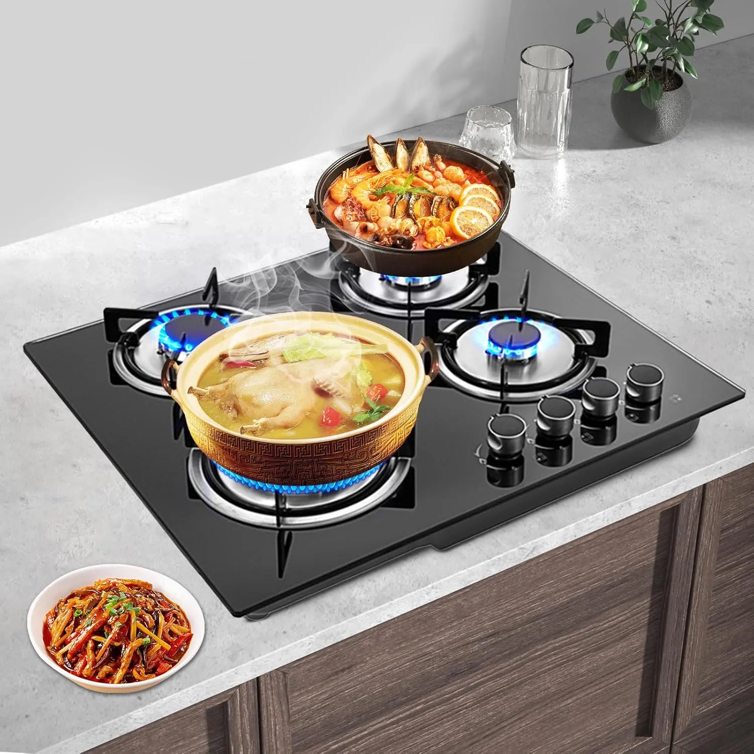 23" Gas Cooktop 4 Burners Built-in Gas Stove Kitchen Cooktop with Tempered Glass LPG/NG Dual Fuel Convertible