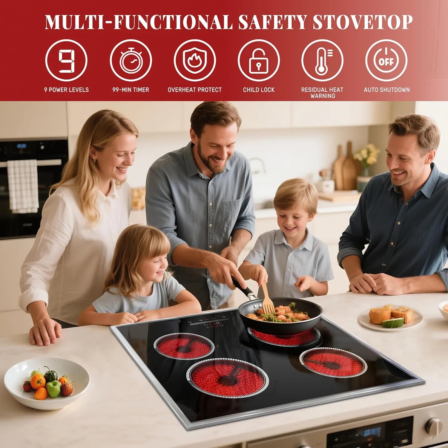 24 Inch Electric Cooktop 4 Burner Electric Stove, 24" Built-in Ceramic Stovetop with Slide Control, Timer, Child Lock, 9 Heating Level, 6000W, 220-240v, No Plug, Hard Wire