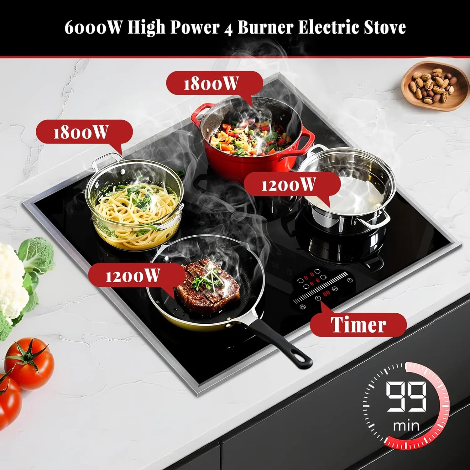 24 Inch Electric Cooktop 4 Burner Electric Stove, 24" Built-in Ceramic Stovetop with Slide Control, Timer, Child Lock, 9 Heating Level, 6000W, 220-240v, No Plug, Hard Wire