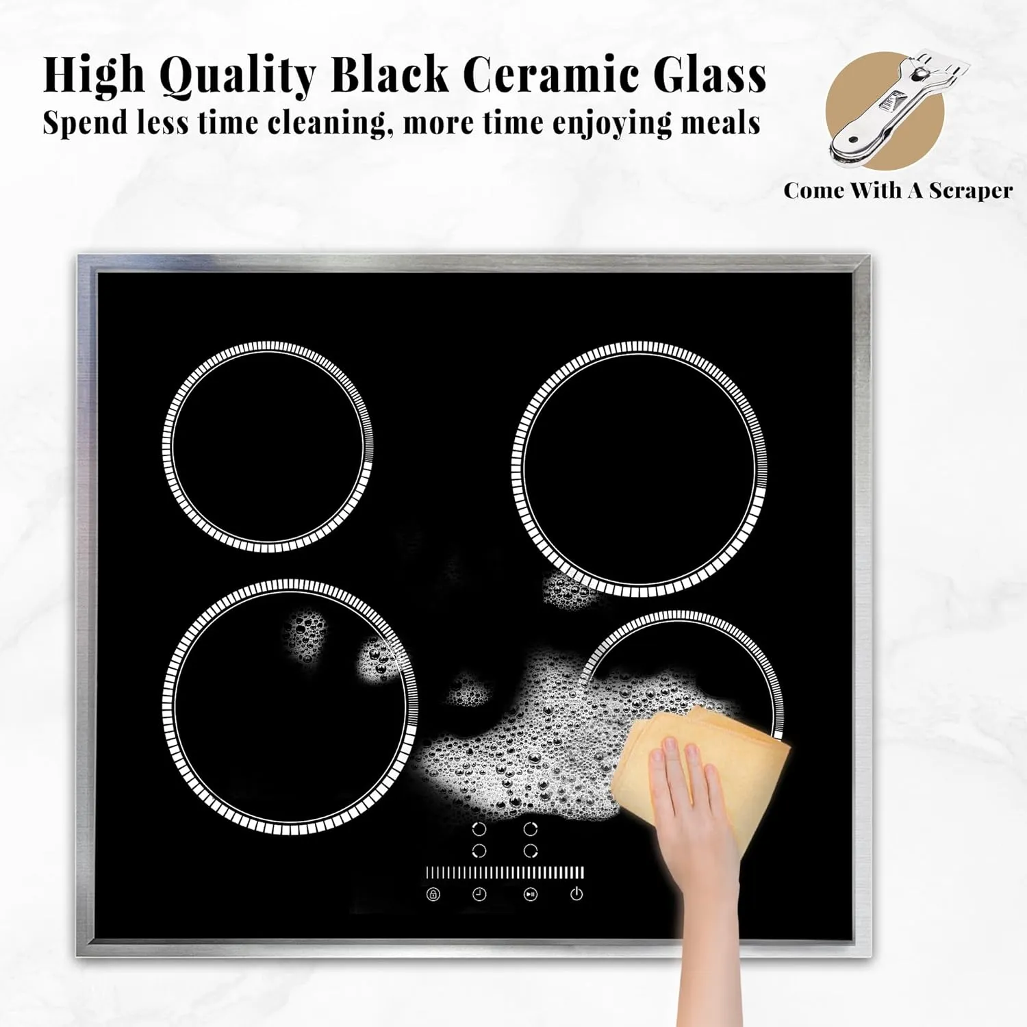 24 Inch Electric Cooktop 4 Burner Electric Stove, 24" Built-in Ceramic Stovetop with Slide Control, Timer, Child Lock, 9 Heating Level, 6000W, 220-240v, No Plug, Hard Wire