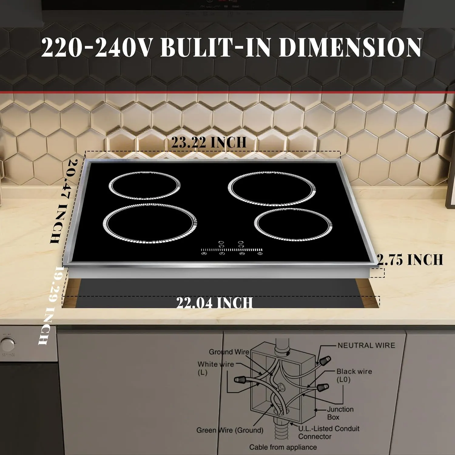 24 Inch Electric Cooktop 4 Burner Electric Stove, 24" Built-in Ceramic Stovetop with Slide Control, Timer, Child Lock, 9 Heating Level, 6000W, 220-240v, No Plug, Hard Wire