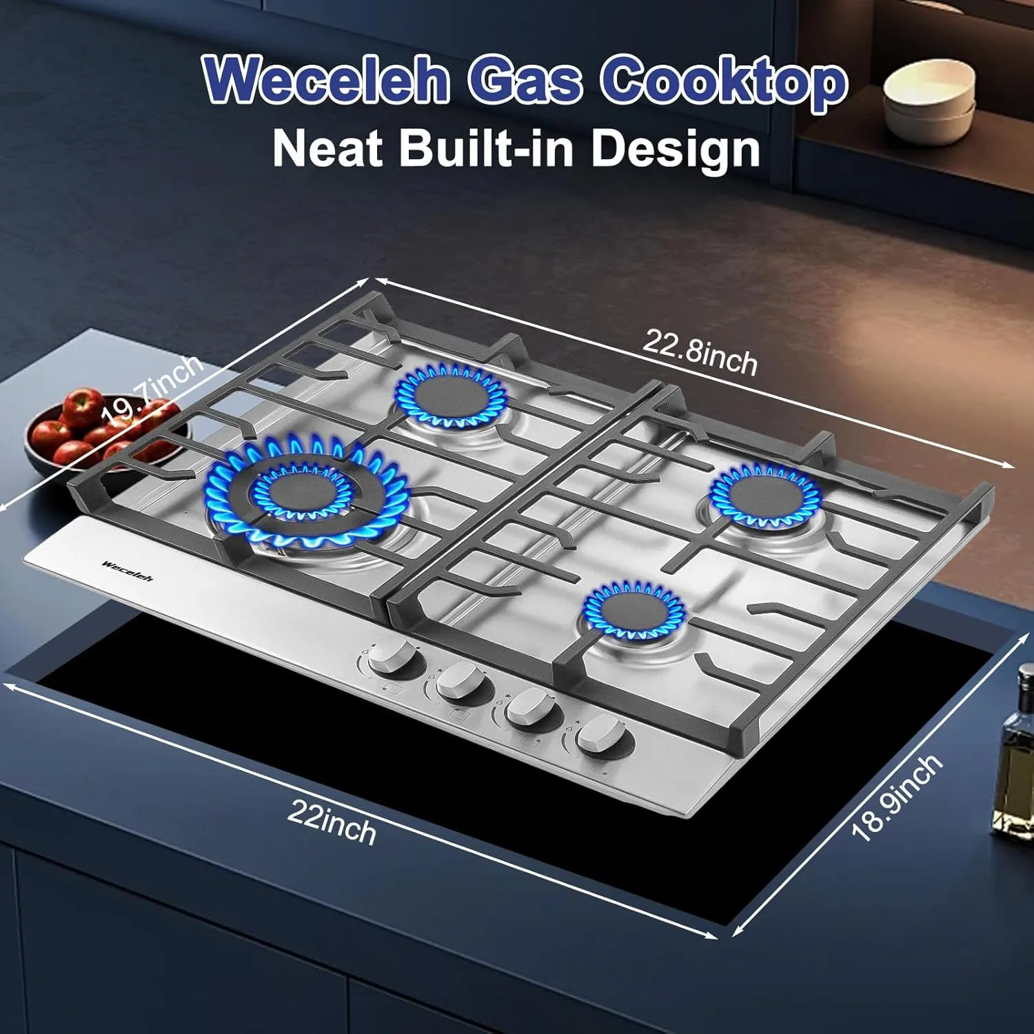 24 inch Gas Cooktop Stove Top 4 Burners Bulit-in Gas Stove 27400BTU with Thermocouple Protection,Easy Knob Control,NG/LPG Convertible Stainless Steel Easy Clean for Kitchen