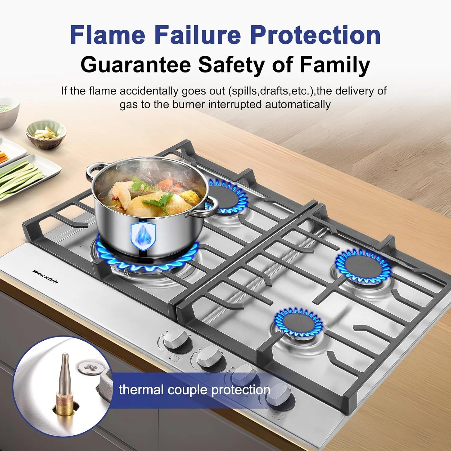 24 inch Gas Cooktop Stove Top 4 Burners Bulit-in Gas Stove 27400BTU with Thermocouple Protection,Easy Knob Control,NG/LPG Convertible Stainless Steel Easy Clean for Kitchen