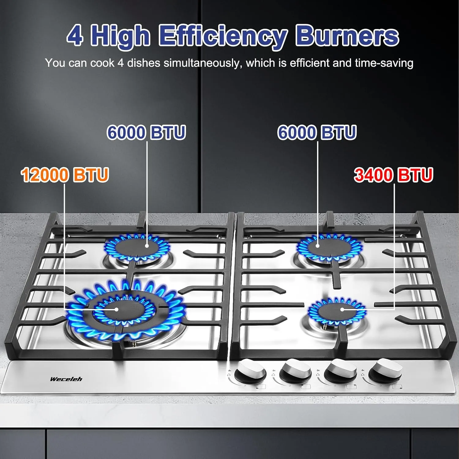 24 inch Gas Cooktop Stove Top 4 Burners Bulit-in Gas Stove 27400BTU with Thermocouple Protection,Easy Knob Control,NG/LPG Convertible Stainless Steel Easy Clean for Kitchen