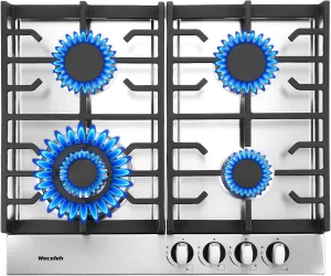 24 inch Gas Cooktop Stove Top 4 Burners Bulit-in Gas Stove 27400BTU with Thermocouple Protection,Easy Knob Control,NG/LPG Convertible Stainless Steel Easy Clean for Kitchen