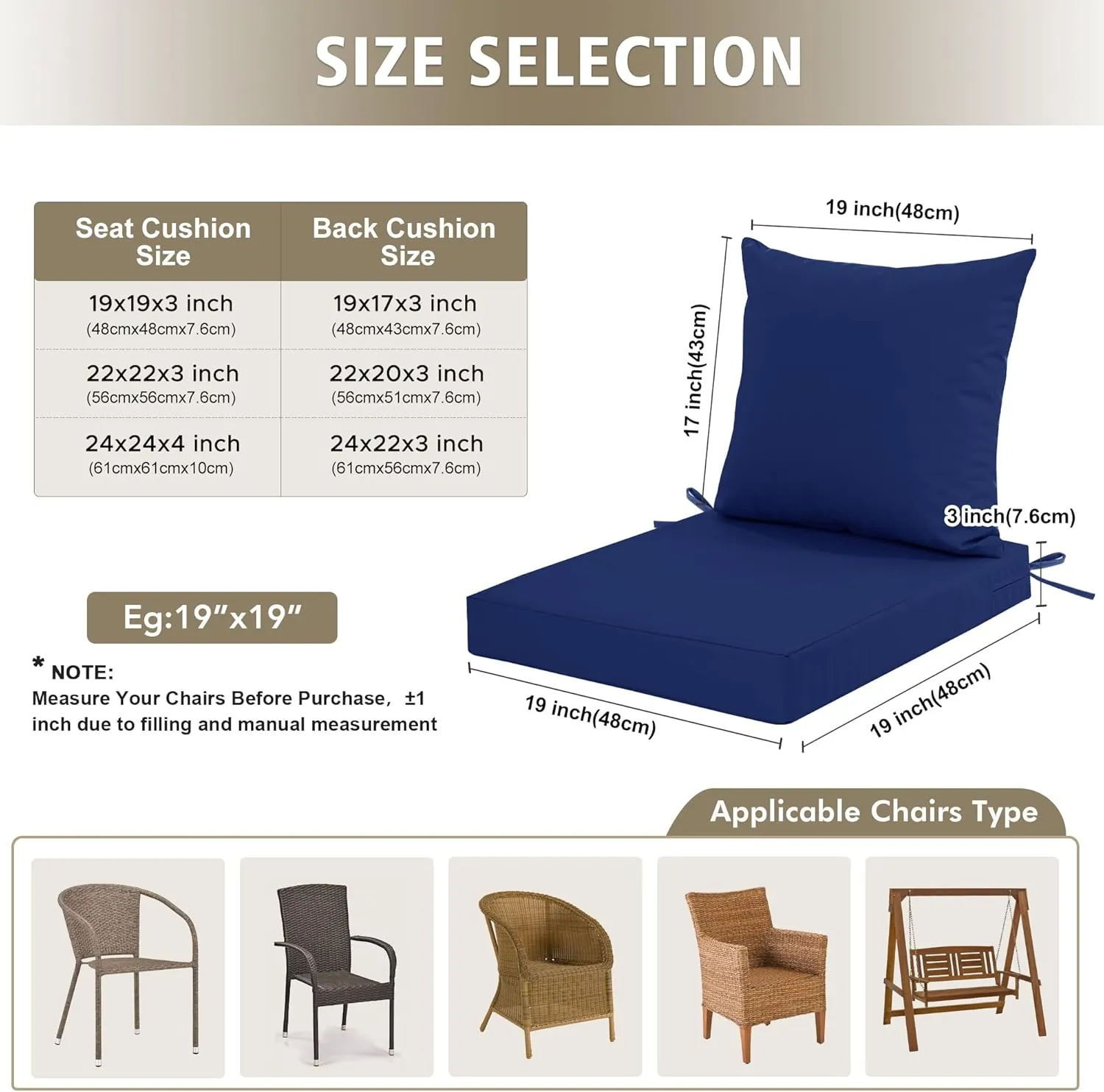 24x24 Inch Outdoor Cushions for Patio Furniture, Waterproof Outdoor Chair Cushions w/Fade-Resistant, Removable & Machine-Washable Covers, Deep Seat Sofa/Couch Pads Replacement – Set of 4, Navy Blue
