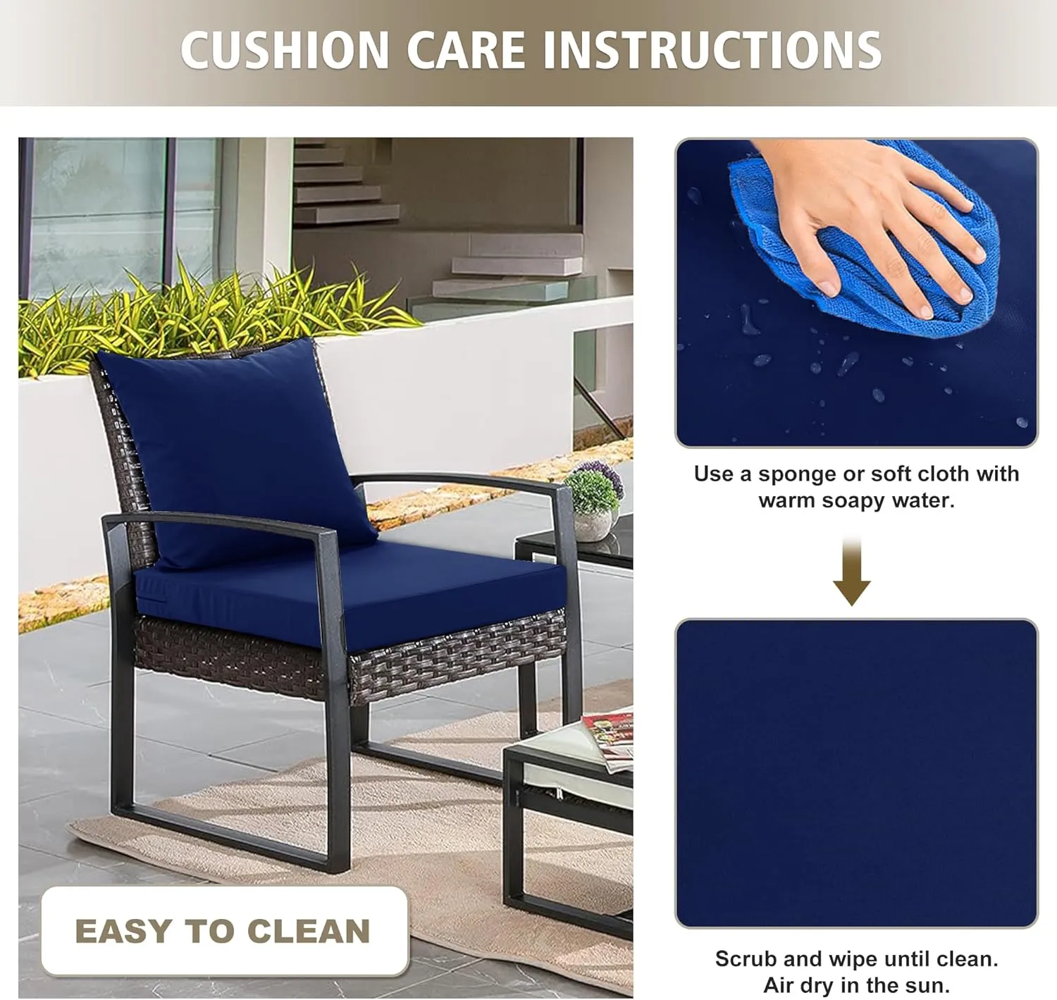 24x24 Inch Outdoor Cushions for Patio Furniture, Waterproof Outdoor Chair Cushions w/Fade-Resistant, Removable & Machine-Washable Covers, Deep Seat Sofa/Couch Pads Replacement – Set of 4, Navy Blue