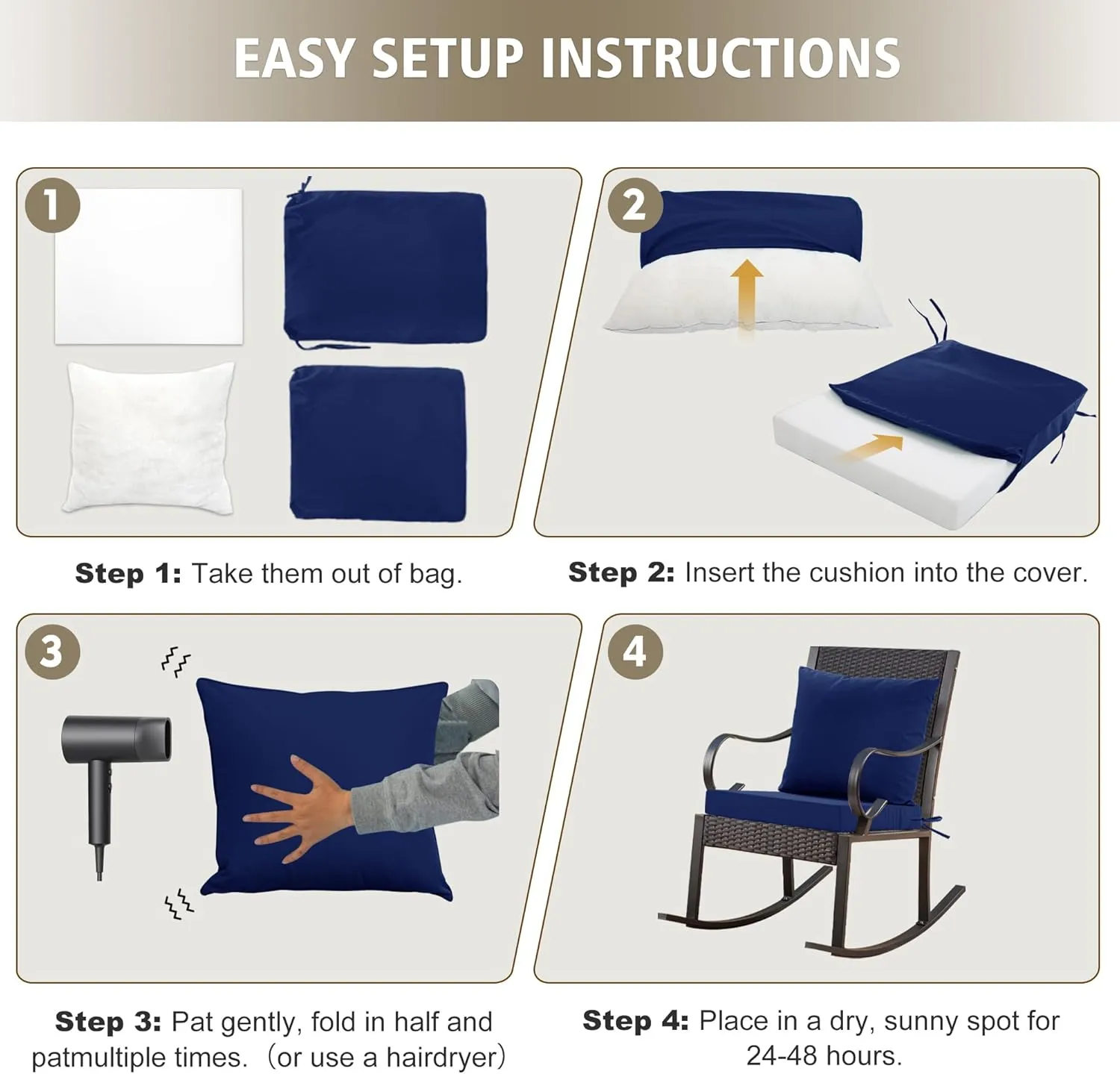 24x24 Inch Outdoor Cushions for Patio Furniture, Waterproof Outdoor Chair Cushions w/Fade-Resistant, Removable & Machine-Washable Covers, Deep Seat Sofa/Couch Pads Replacement – Set of 4, Navy Blue