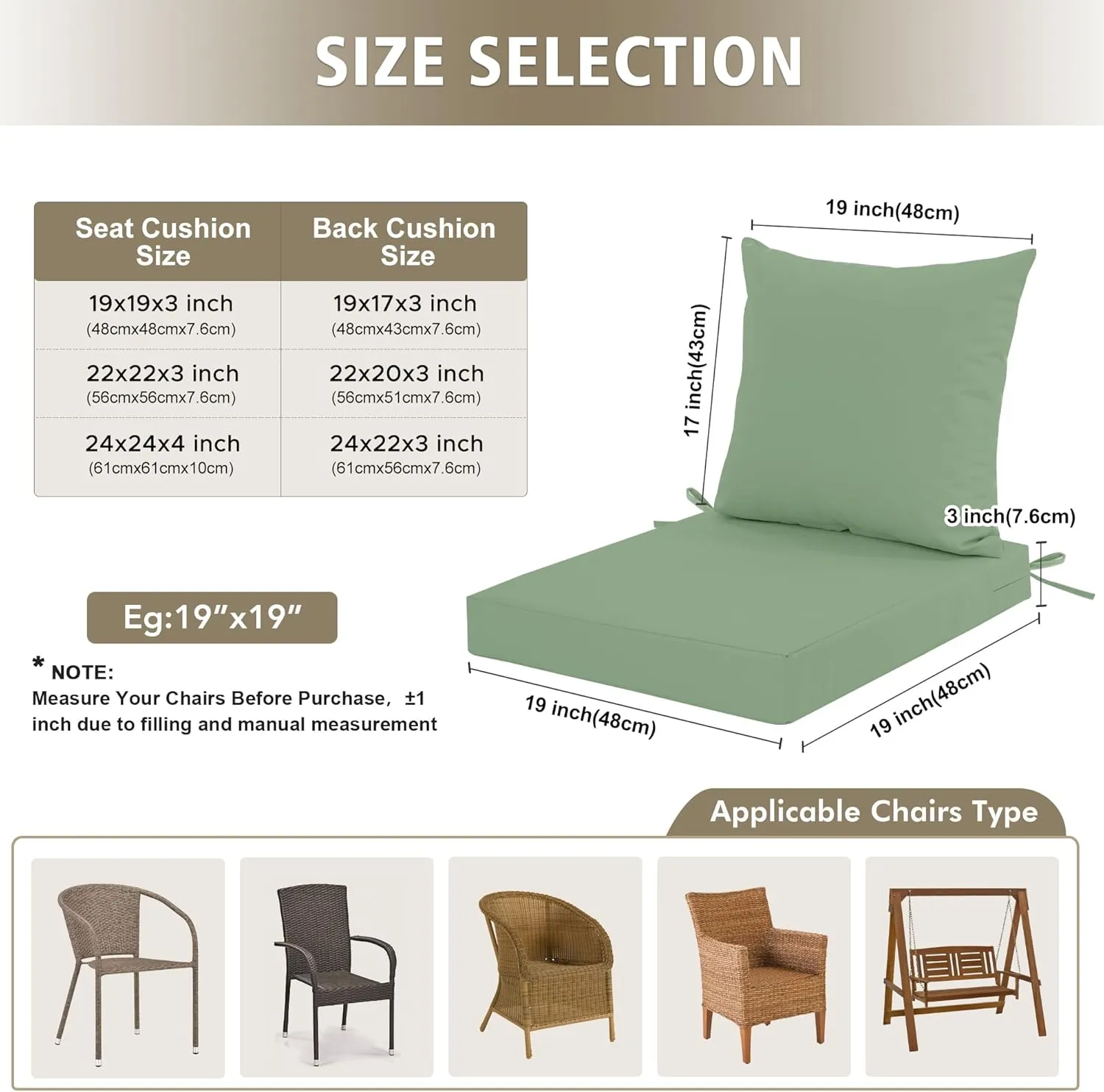 24x24 Inch Outdoor Cushions for Patio Furniture, Waterproof Outdoor Chair Cushions w/Fade-Resistant, Removable & Machine-Washable Covers, Deep Seat Sofa/Couch Pads Replacement – Set of 4, Sage Green