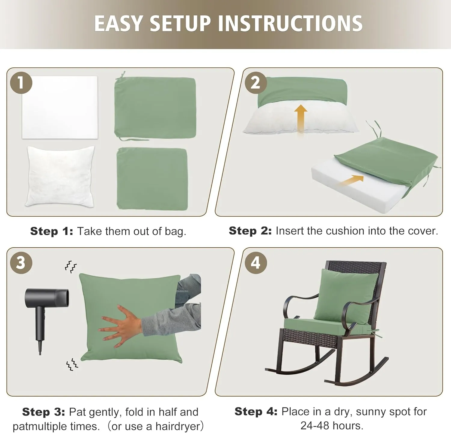 24x24 Inch Outdoor Cushions for Patio Furniture, Waterproof Outdoor Chair Cushions w/Fade-Resistant, Removable & Machine-Washable Covers, Deep Seat Sofa/Couch Pads Replacement – Set of 4, Sage Green