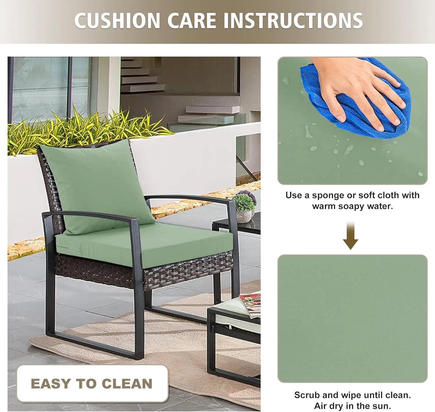 24x24 Inch Outdoor Cushions for Patio Furniture, Waterproof Outdoor Chair Cushions w/Fade-Resistant, Removable & Machine-Washable Covers, Deep Seat Sofa/Couch Pads Replacement – Set of 4, Sage Green