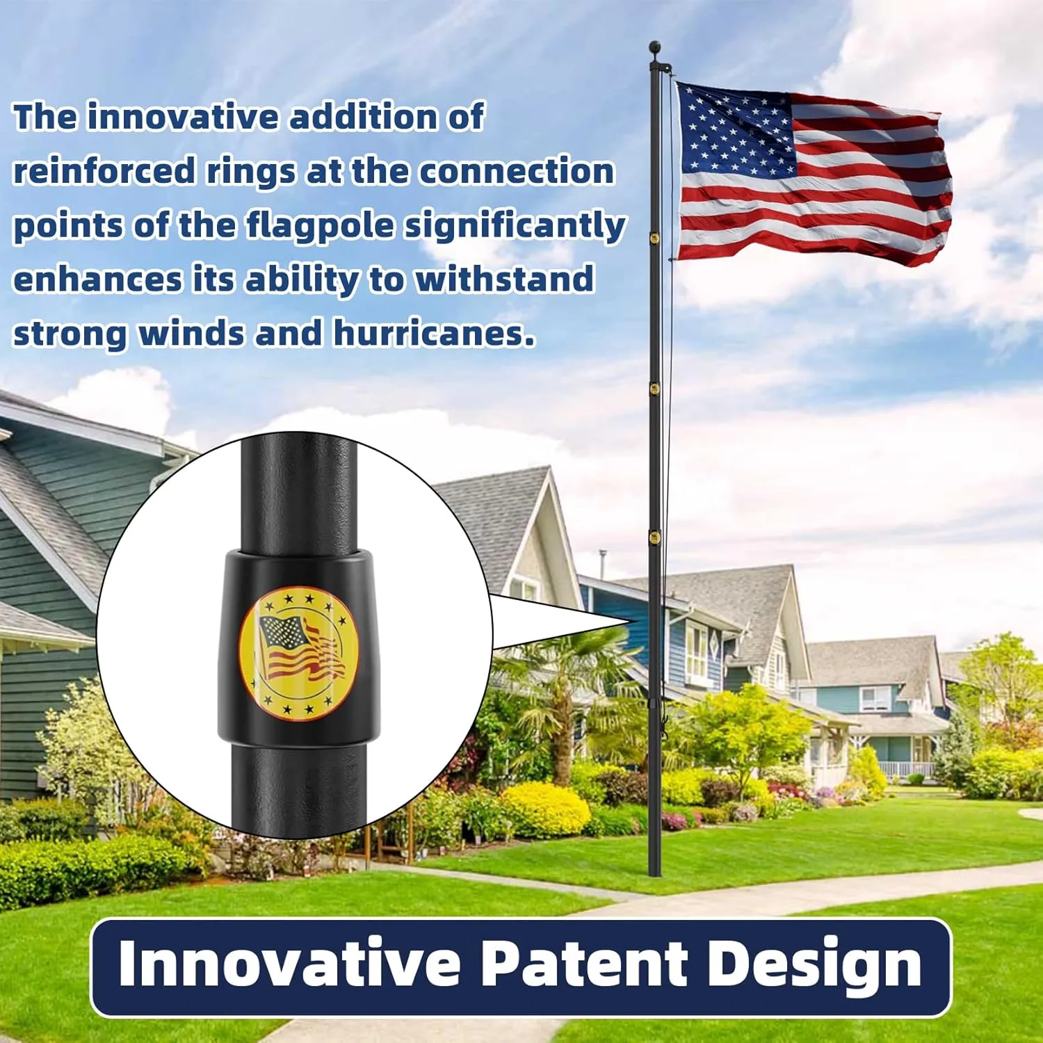 25FT Heavy Duty Flag Pole,14-Gauge Aluminum,Resist Strong Wind Reinforcement Ring Patent,Sectional Black Residential Flagpole Complete Kit - USA Flag,Black Ball, Aluminum Clips