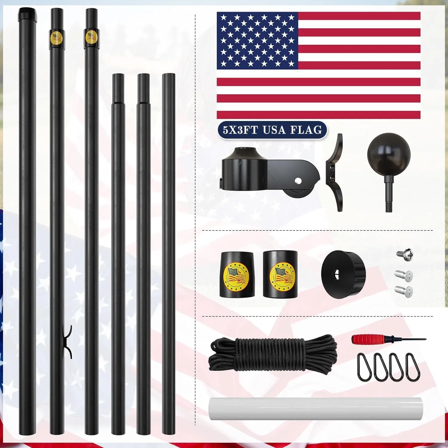 25FT Heavy Duty Flag Pole,14-Gauge Aluminum,Resist Strong Wind Reinforcement Ring Patent,Sectional Black Residential Flagpole Complete Kit - USA Flag,Black Ball, Aluminum Clips