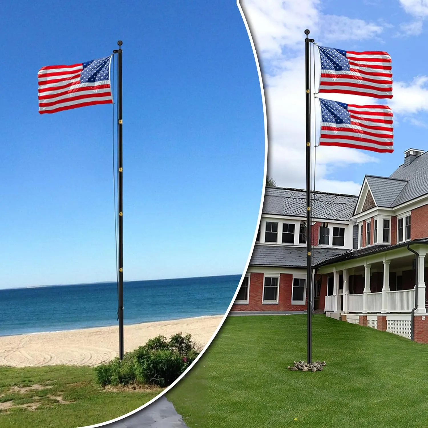 25FT Heavy Duty Flag Pole,14-Gauge Aluminum,Resist Strong Wind Reinforcement Ring Patent,Sectional Black Residential Flagpole Complete Kit - USA Flag,Black Ball, Aluminum Clips