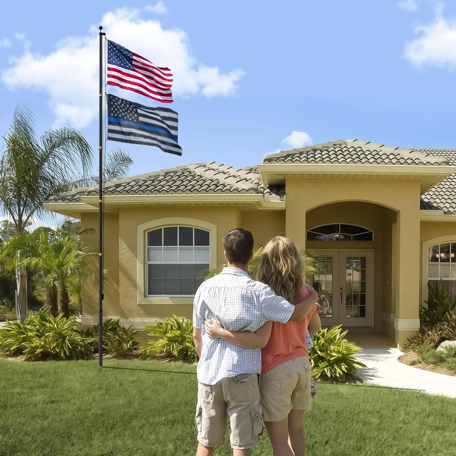 25FT Heavy Duty Flag Pole,14-Gauge Aluminum,Resist Strong Wind Reinforcement Ring Patent,Sectional Black Residential Flagpole Complete Kit - USA Flag,Black Ball, Aluminum Clips