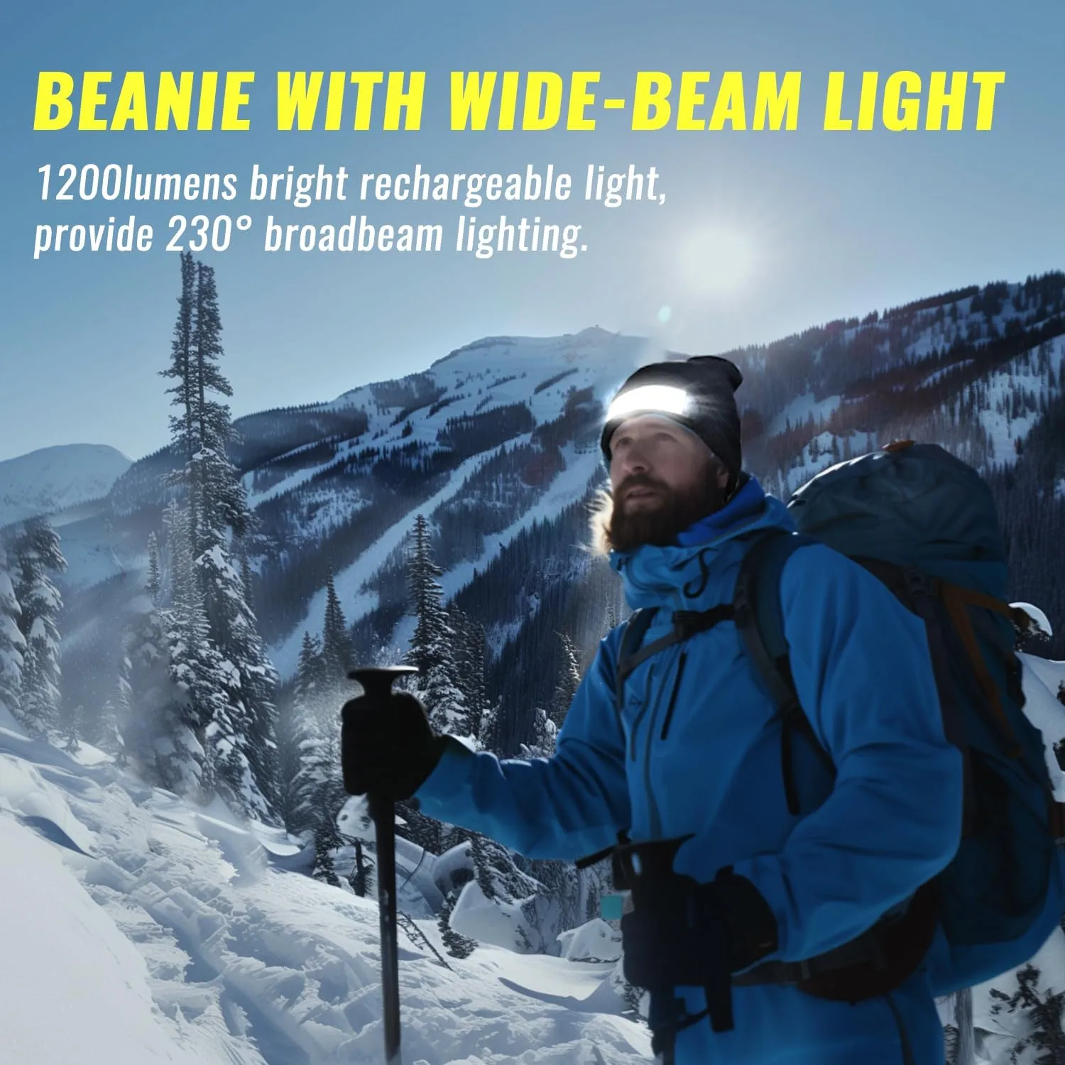 2Pack Rechargeable Headlamp Beanie, 1200Lumens LED Beanie Hat with Wide Beam Light Built-in, 6 Modes, Winter Headlight Head Lamp Beanie, Gifts for Men Dad Father Husband(Black Black)