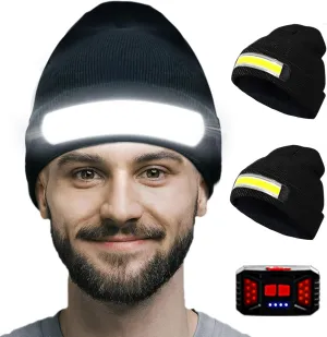 2Pack Rechargeable Headlamp Beanie, 1200Lumens LED Beanie Hat with Wide Beam Light Built-in, 6 Modes, Winter Headlight Head Lamp Beanie, Gifts for Men Dad Father Husband(Black Black)