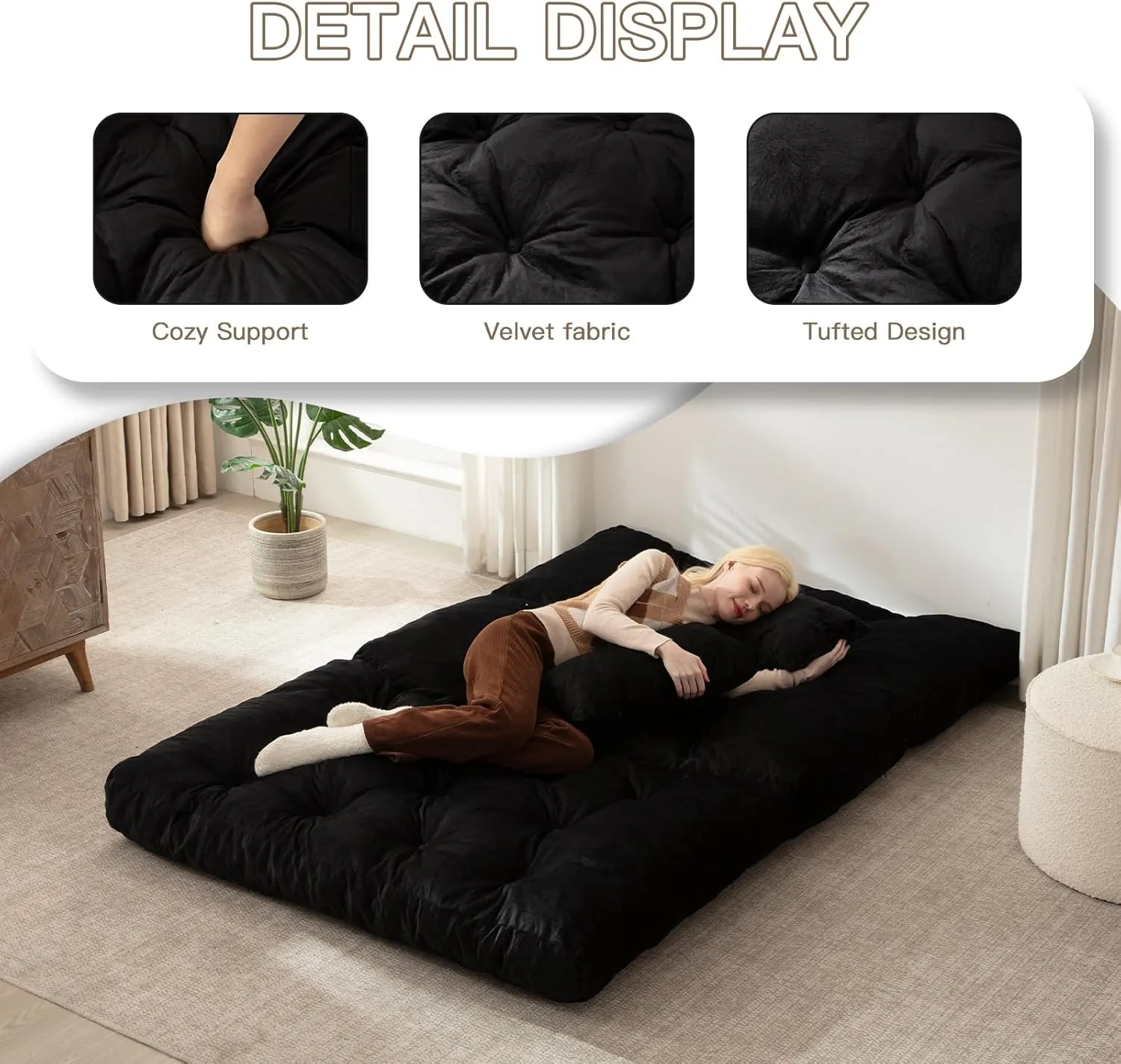 3 Folding Bean Bag Bed Convertible Lazy Sofa Bed Foldable Sofa Chair Bed Convertible Matter with Pillow, Portable Fold Chair Folding Floor Couch for Living Room, Bedroom,Black (Full)
