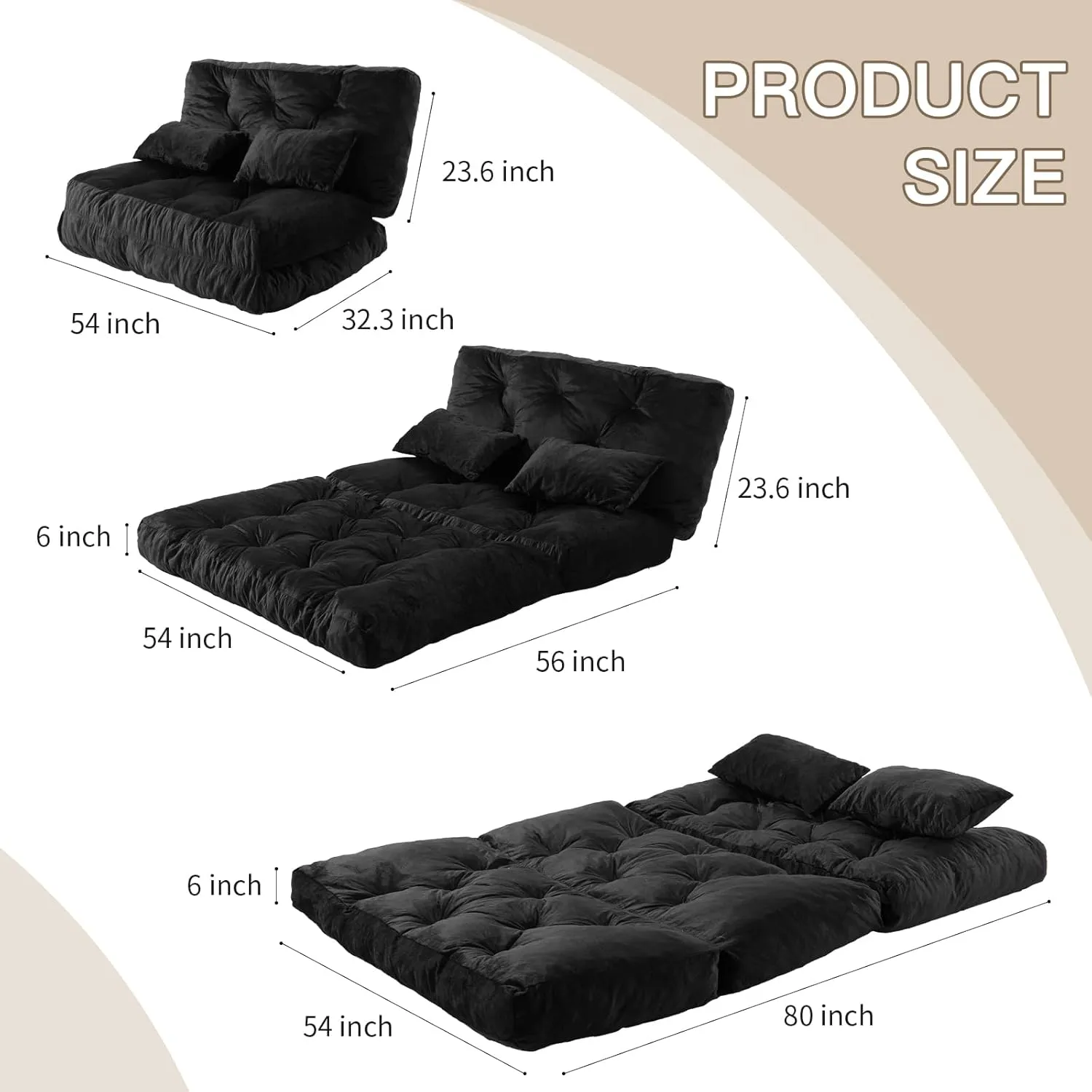 3 Folding Bean Bag Bed Convertible Lazy Sofa Bed Foldable Sofa Chair Bed Convertible Matter with Pillow, Portable Fold Chair Folding Floor Couch for Living Room, Bedroom,Black (Full)