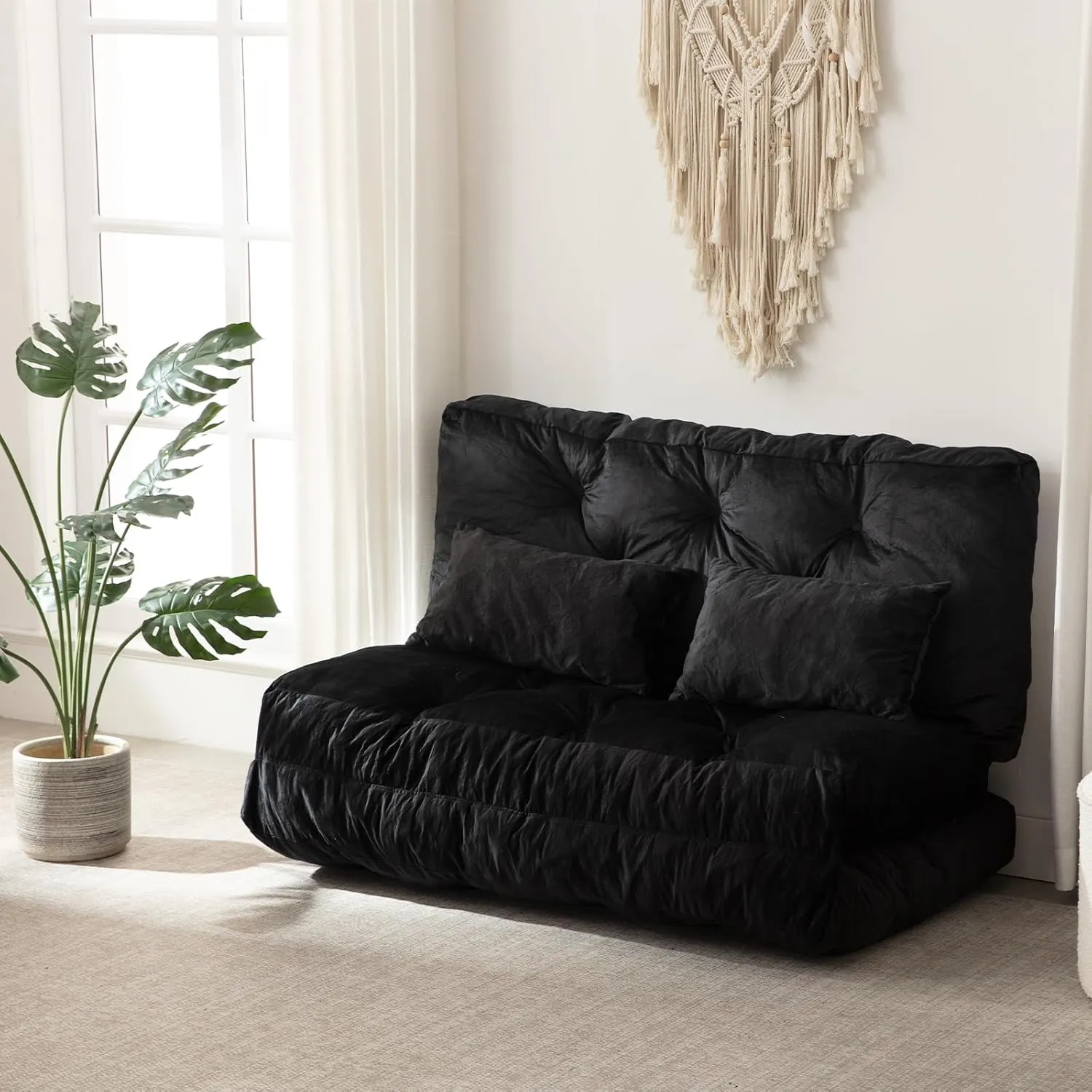 3 Folding Bean Bag Bed Convertible Lazy Sofa Bed Foldable Sofa Chair Bed Convertible Matter with Pillow, Portable Fold Chair Folding Floor Couch for Living Room, Bedroom,Black (Full)