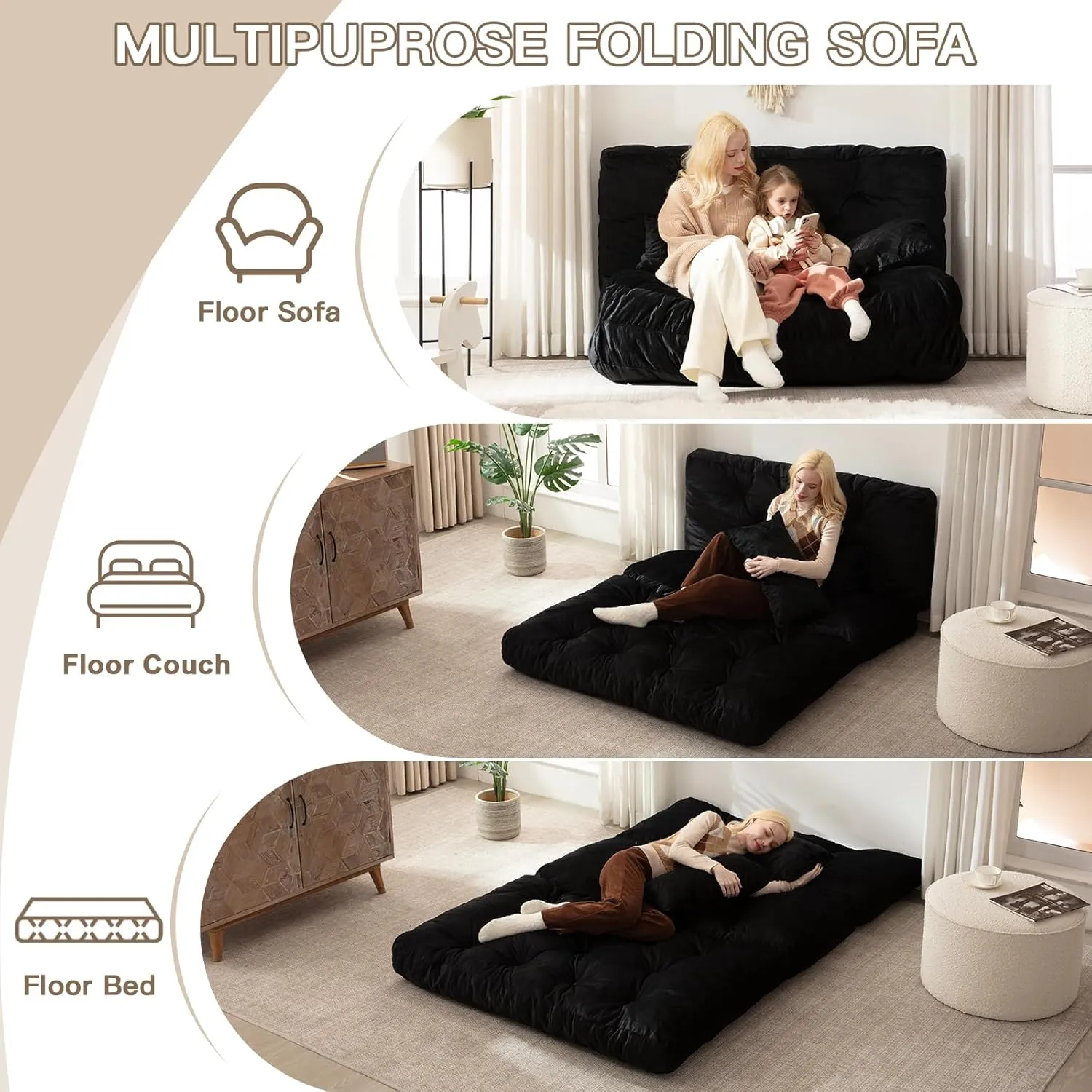 3 Folding Bean Bag Bed Convertible Lazy Sofa Bed Foldable Sofa Chair Bed Convertible Matter with Pillow, Portable Fold Chair Folding Floor Couch for Living Room, Bedroom,Black (Full)