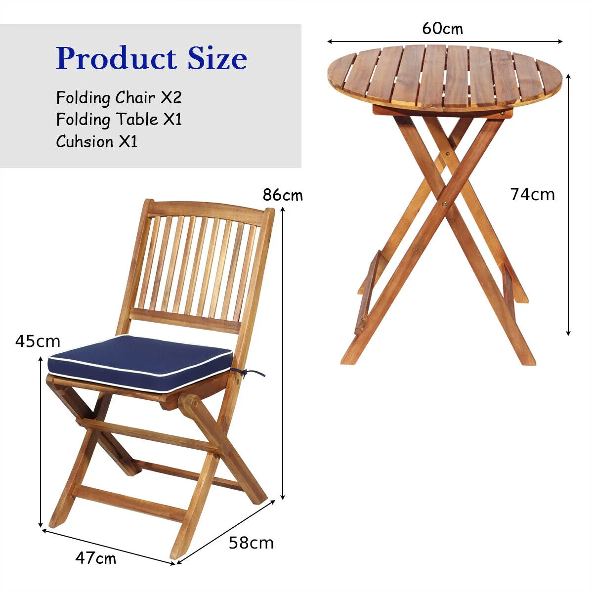 3 Piece Folding Bistro Set with Cushions for Patio